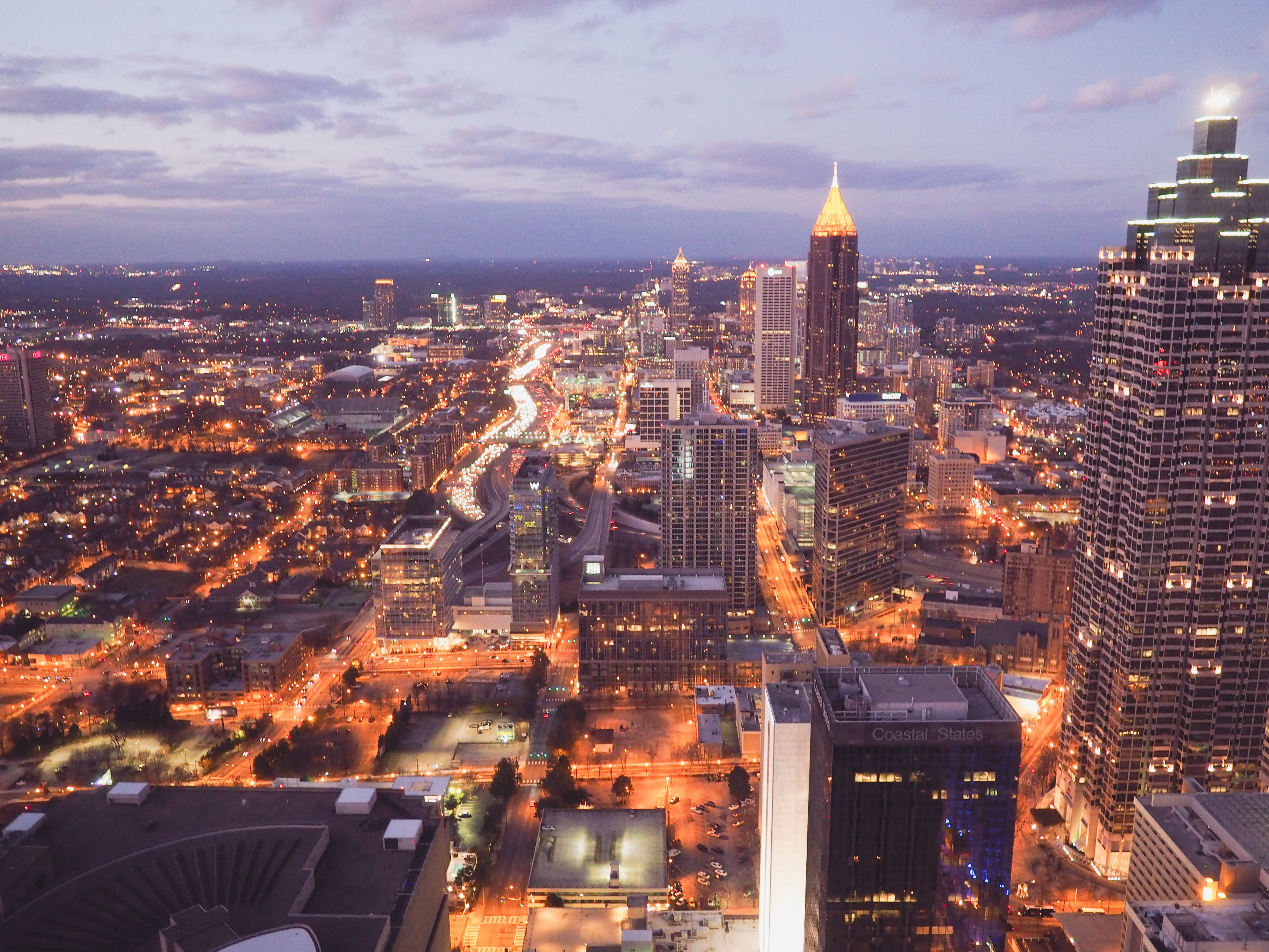 city, nature, traffic, spire, achitecture, skyscraper, clouds, sunset, horizon, illuminated, lights, office building exterior, travel destinations, outdoors, HD Wallpaper