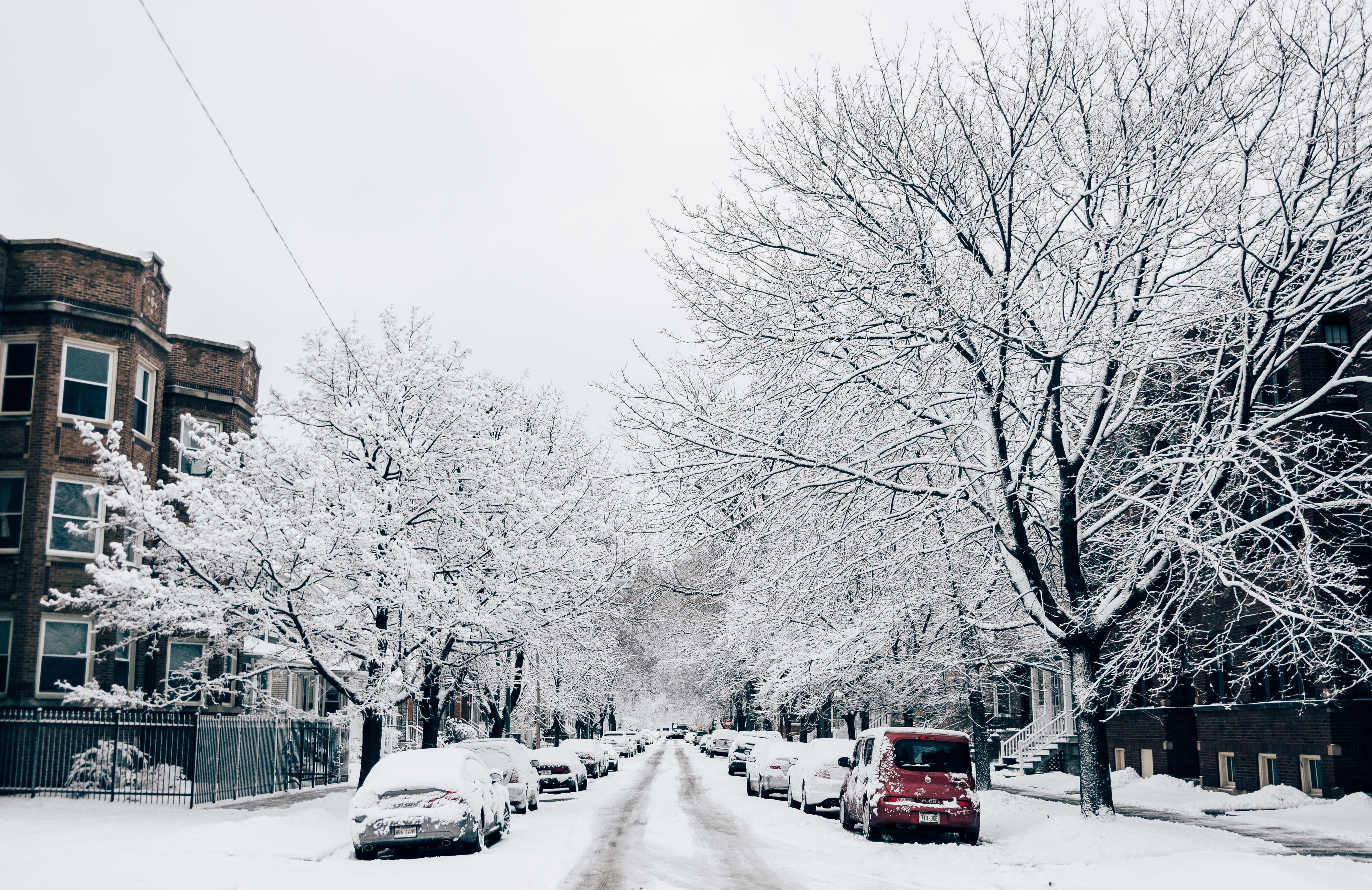 transportation, snowing, built structure, architecture, united states, lincoln square, land vehicle, cars, city, chicago, street, mode of transportation, HD Wallpaper