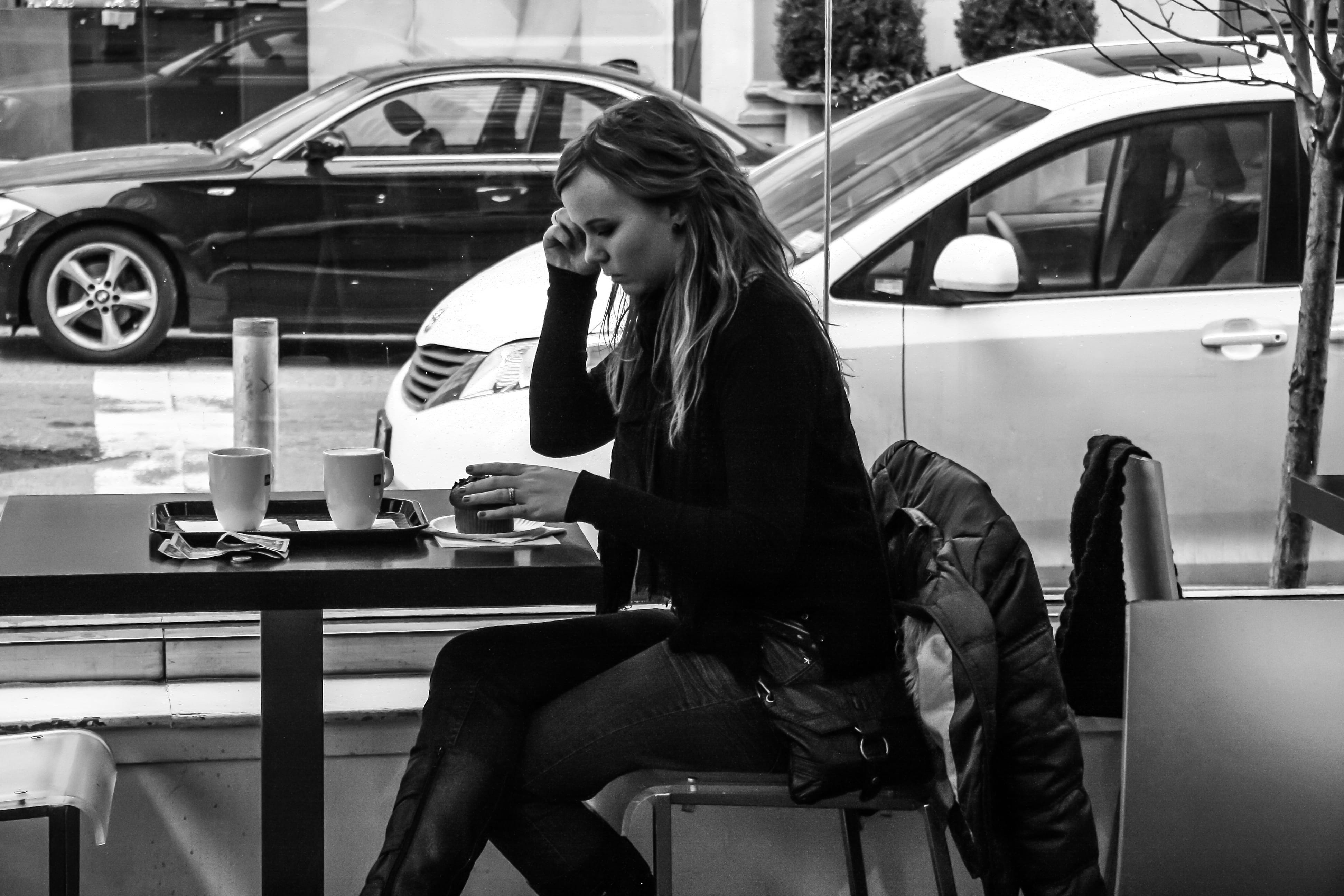 adult, beautiful woman, young women, long hair, coffee shop, young adult, drinking coffee, girl, transportation, table, black and white photo, street, three quarter length, HD Wallpaper