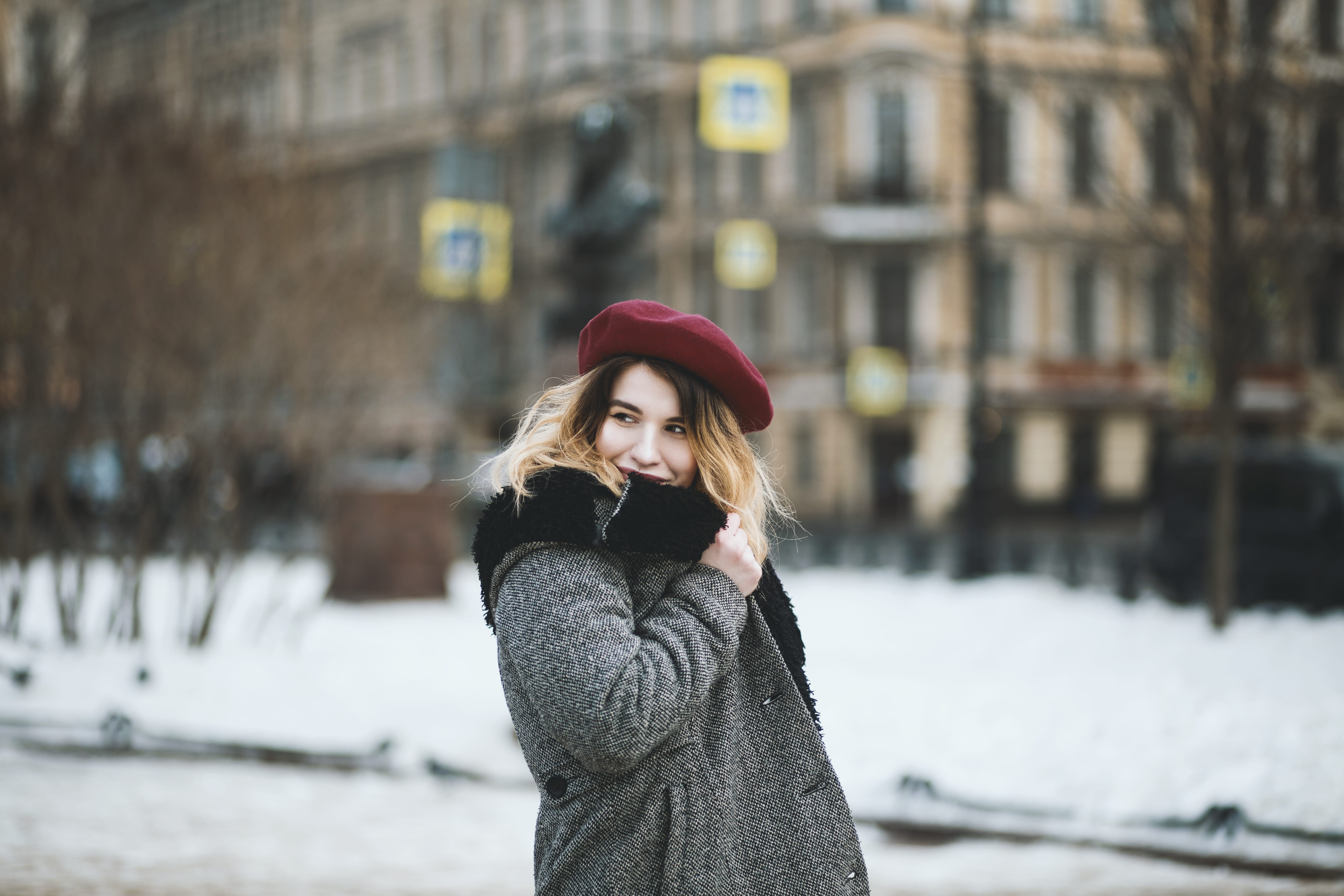 portrait, cold, hair, french, style, snow, daytime, outdoors, street, blond hair, real people, young adult, one person, clothing, person, architecture, HD Wallpaper
