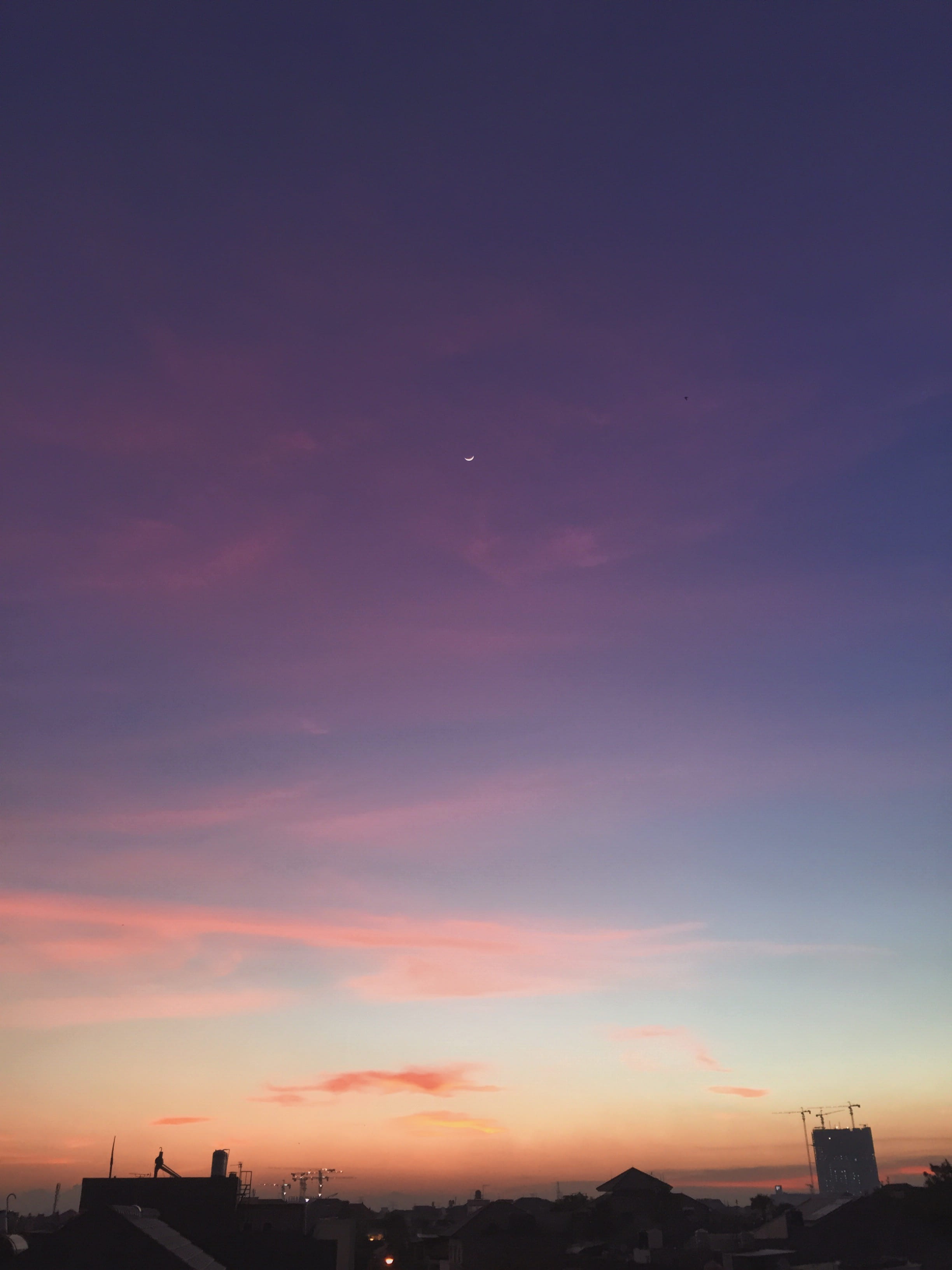 architecture, orange color, sky, nature, cityscape, 2K, beautiful, cloud - sky, x-a2, no people, view, dusk, idyllic, building, blue, moon, city, outdoors, Phone HD Wallpaper