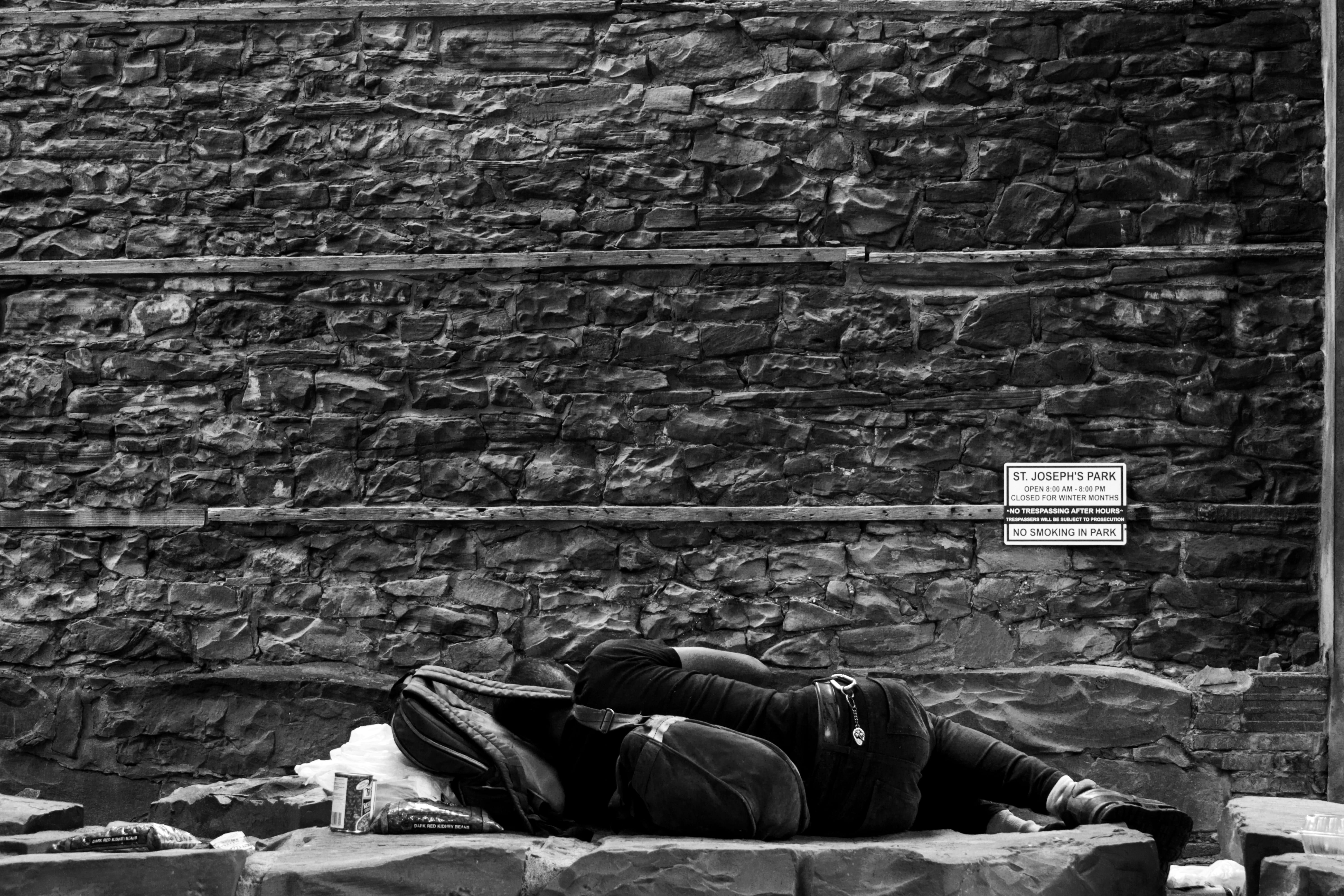 human, sleeping, relaxation, rochester, street photography, hopelessness, peaceful, portrait, humble, stone wall, wall - building feature, men, day, wall, HD Wallpaper