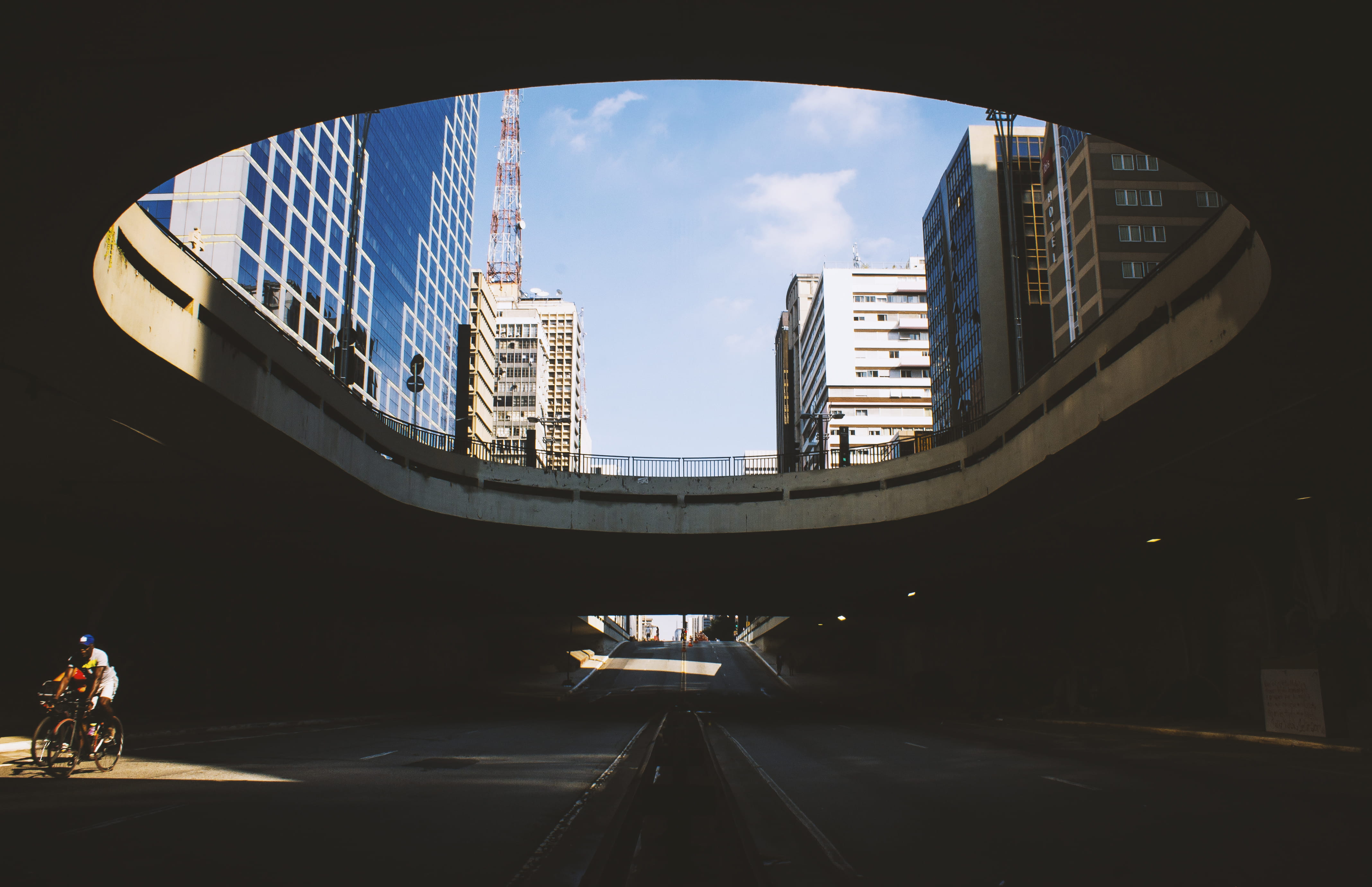sky, underpass, day, gray, biking, outdoors, tall - high, city, cyclist, city Life, cloud - sky, 4K, street, road, residential district, Av Paulista, financial district, HD Wallpaper