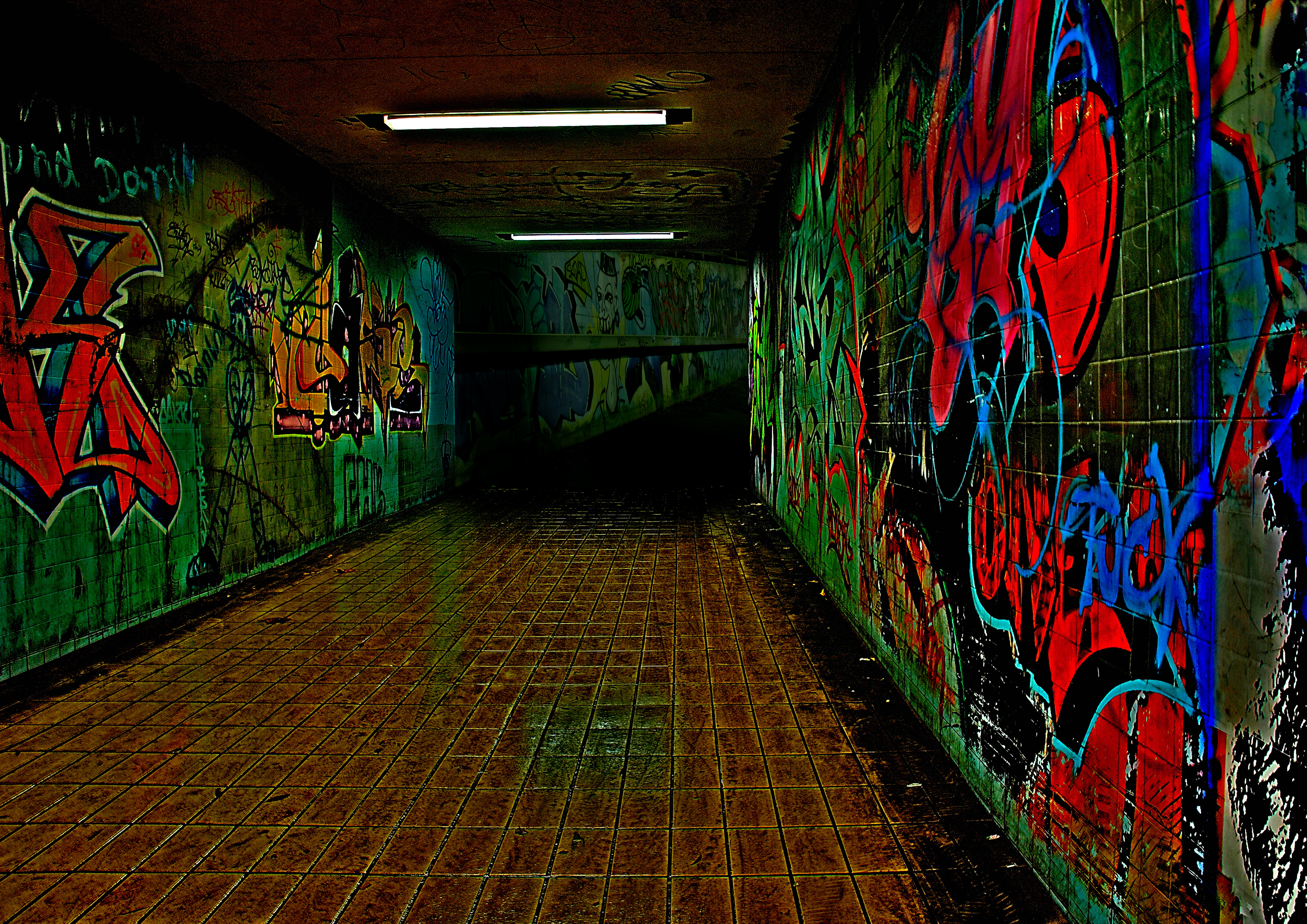 lighting equipment, mural, underpass, messy, multicolored, direction, graffiti, night mood, footpath, indoors, no people, wall - building feature, illuminated, HD Wallpaper