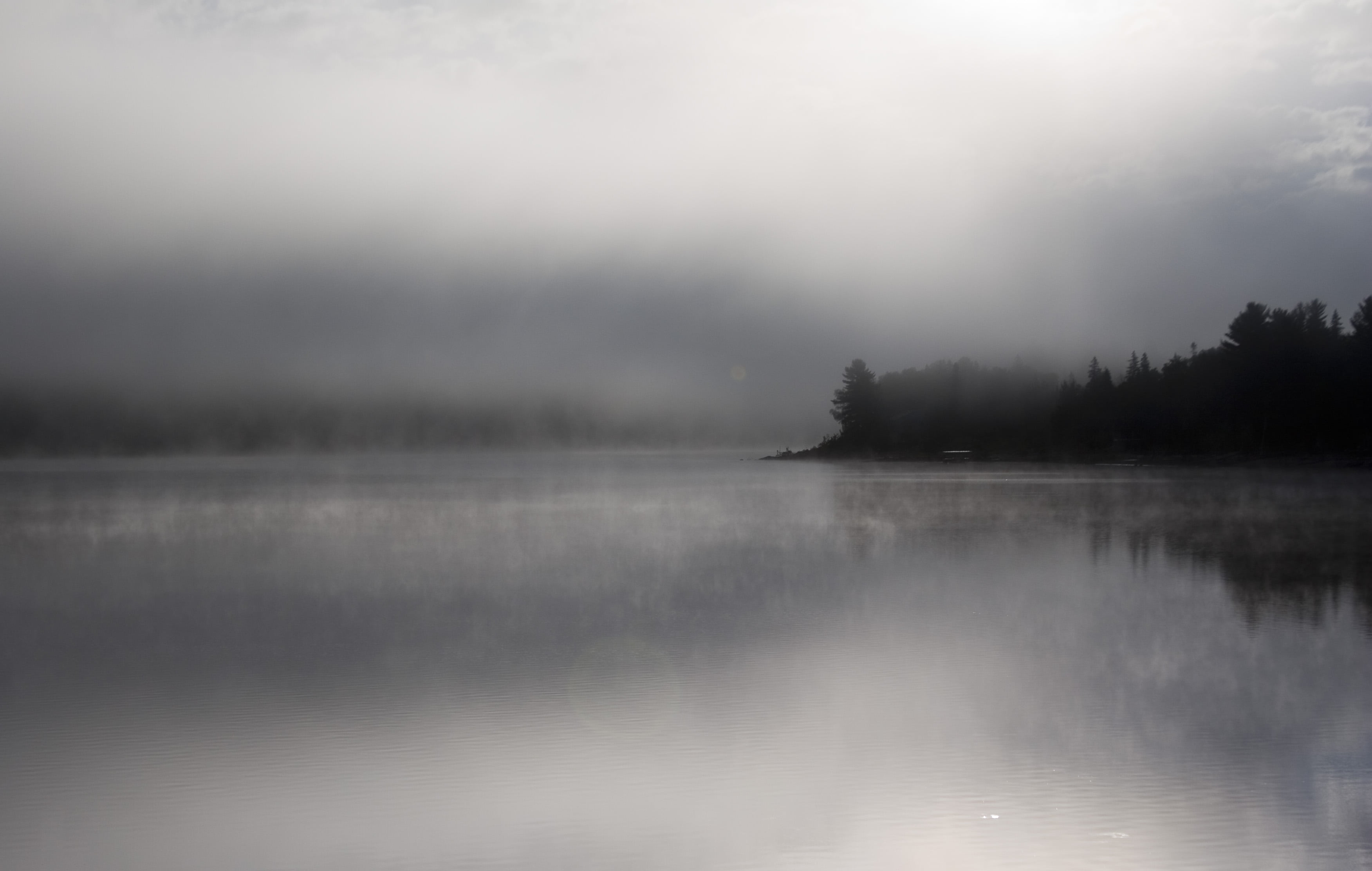 reflection, photography, lake, forest, landscape, 2K, water, black, michigan, foggy, tranquil Scene, river, Dead River, river basin, Fog, island, scenics, HD Wallpaper