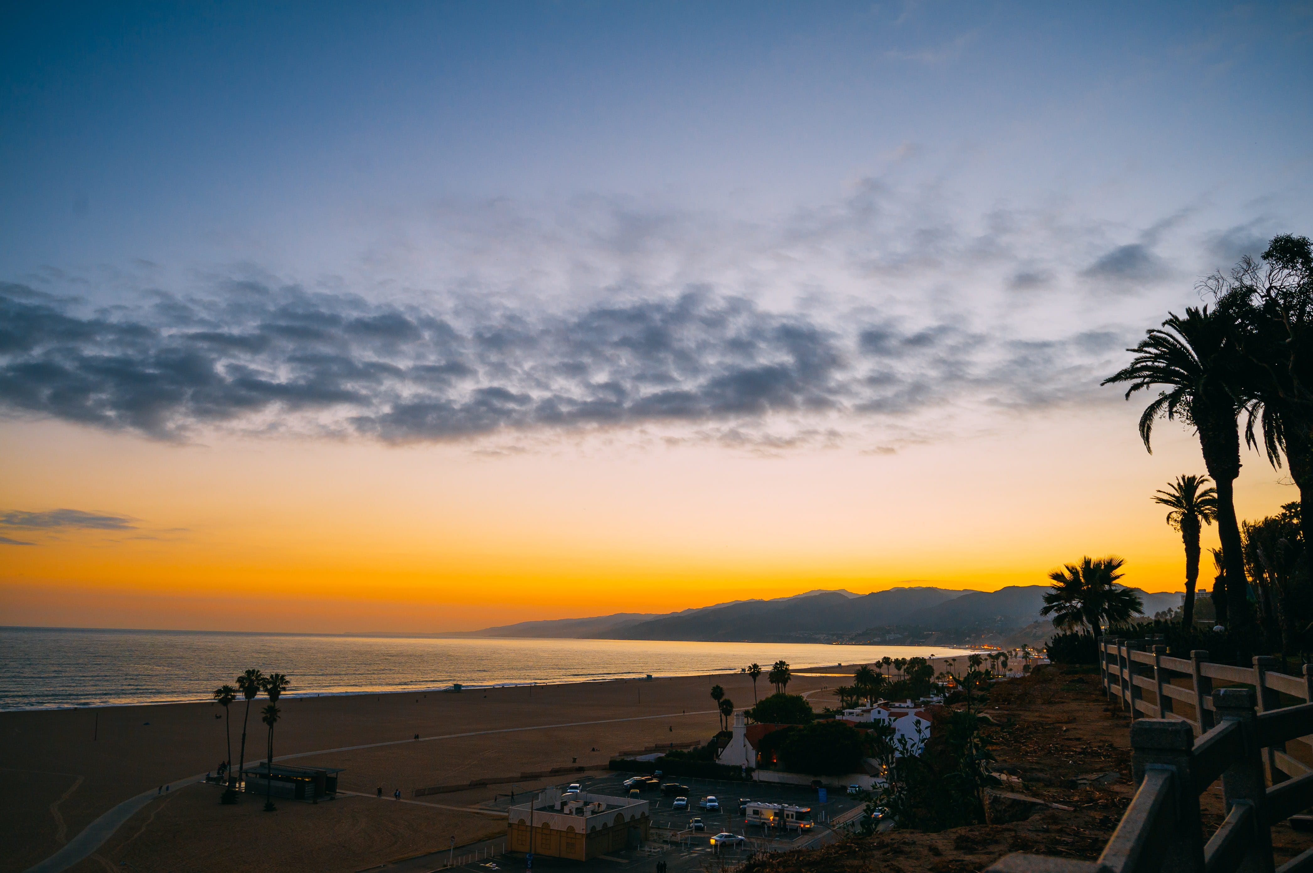 santa monica, plant, palm trees, 4K, color, orange color, tree, cloud - sky, silhouette, sunset, water, california, tranquility, outdoors, beach, architecture, HD Wallpaper