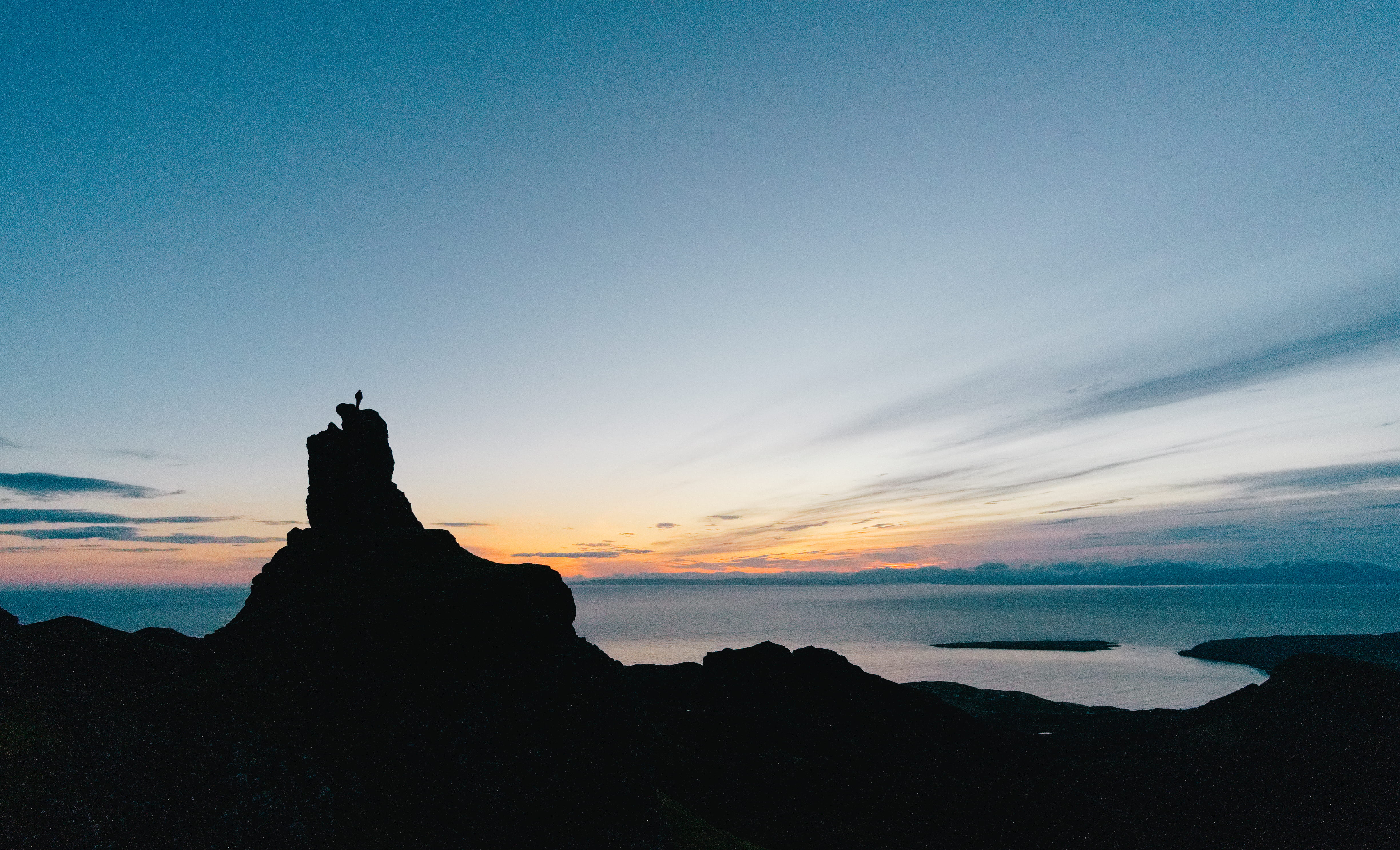 water, skye, sunrise, beauty in nature, silhouette, top view, explore, tranquil scene, top, person, cloud - sky, untitled, scenics - nature, scotland, body, HD Wallpaper