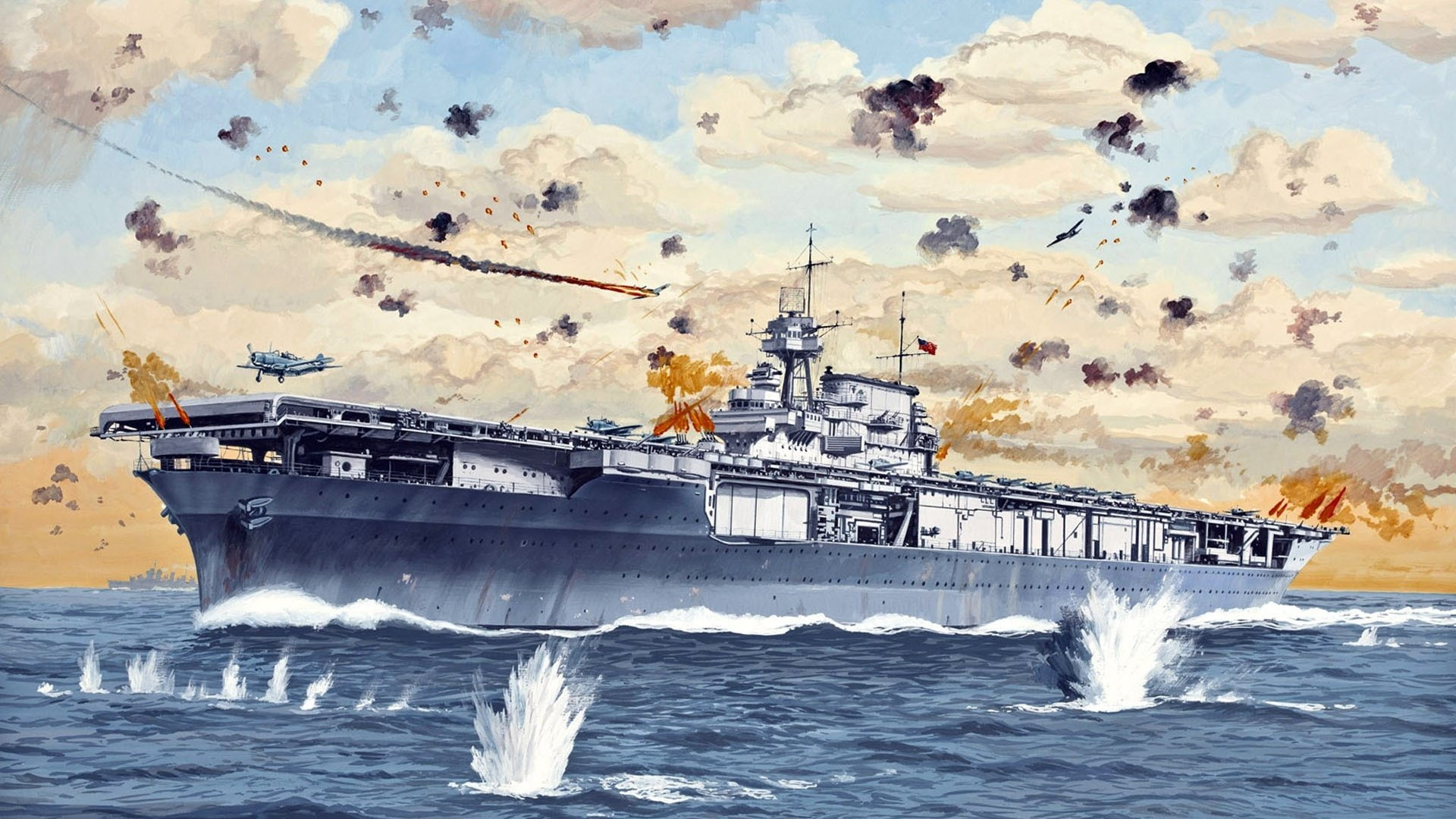 Battle, Artistic, USS Yorktown (CV-5), Warship, Warships, Aircraft Carrier, 1080P, HD Wallpaper