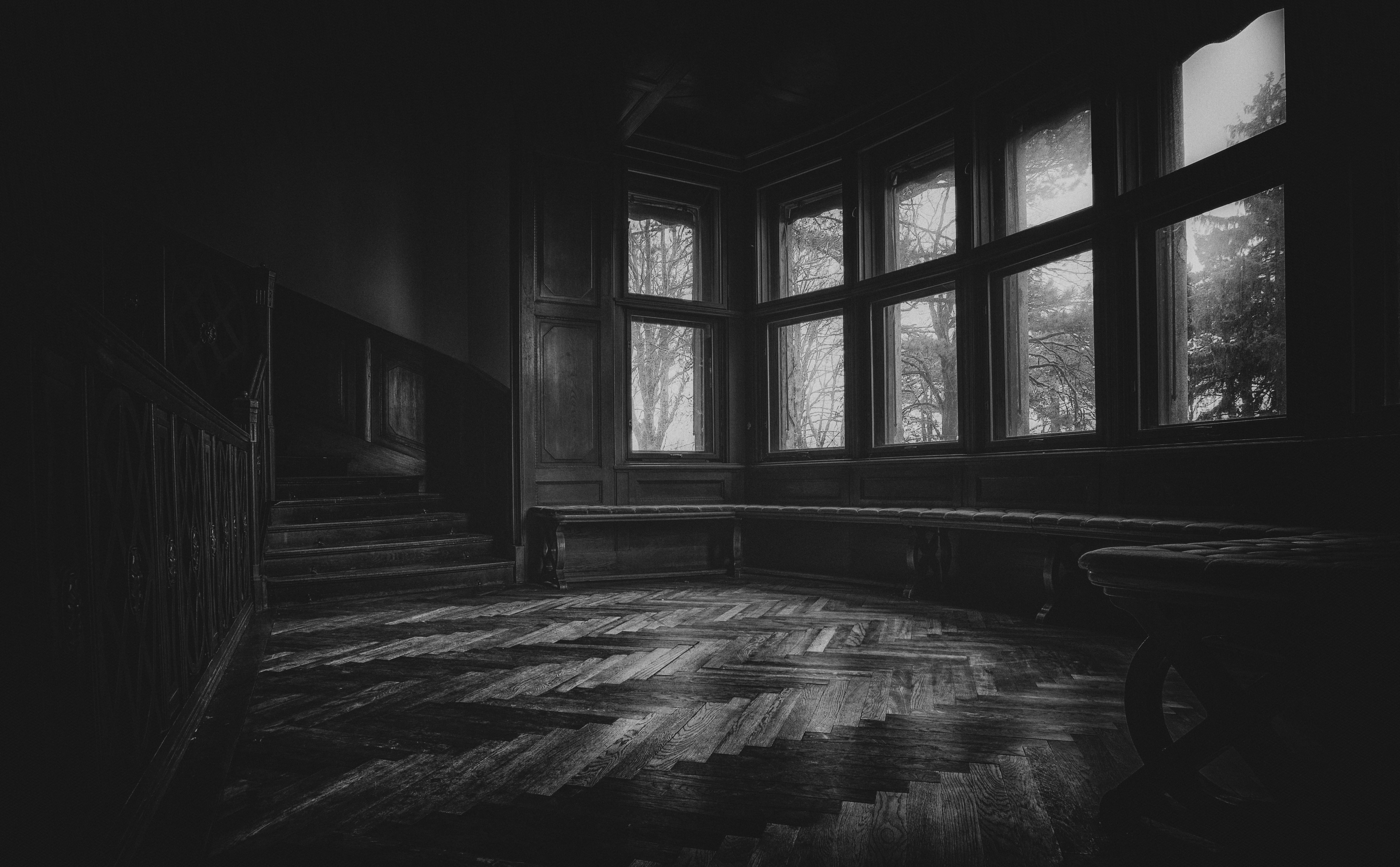 gray, no people, building, furniture, mono, empty, clear, architecture, sunlight, framed, obsolete, blackandwhite, home interior, lostplaces, domestic room, HD Wallpaper
