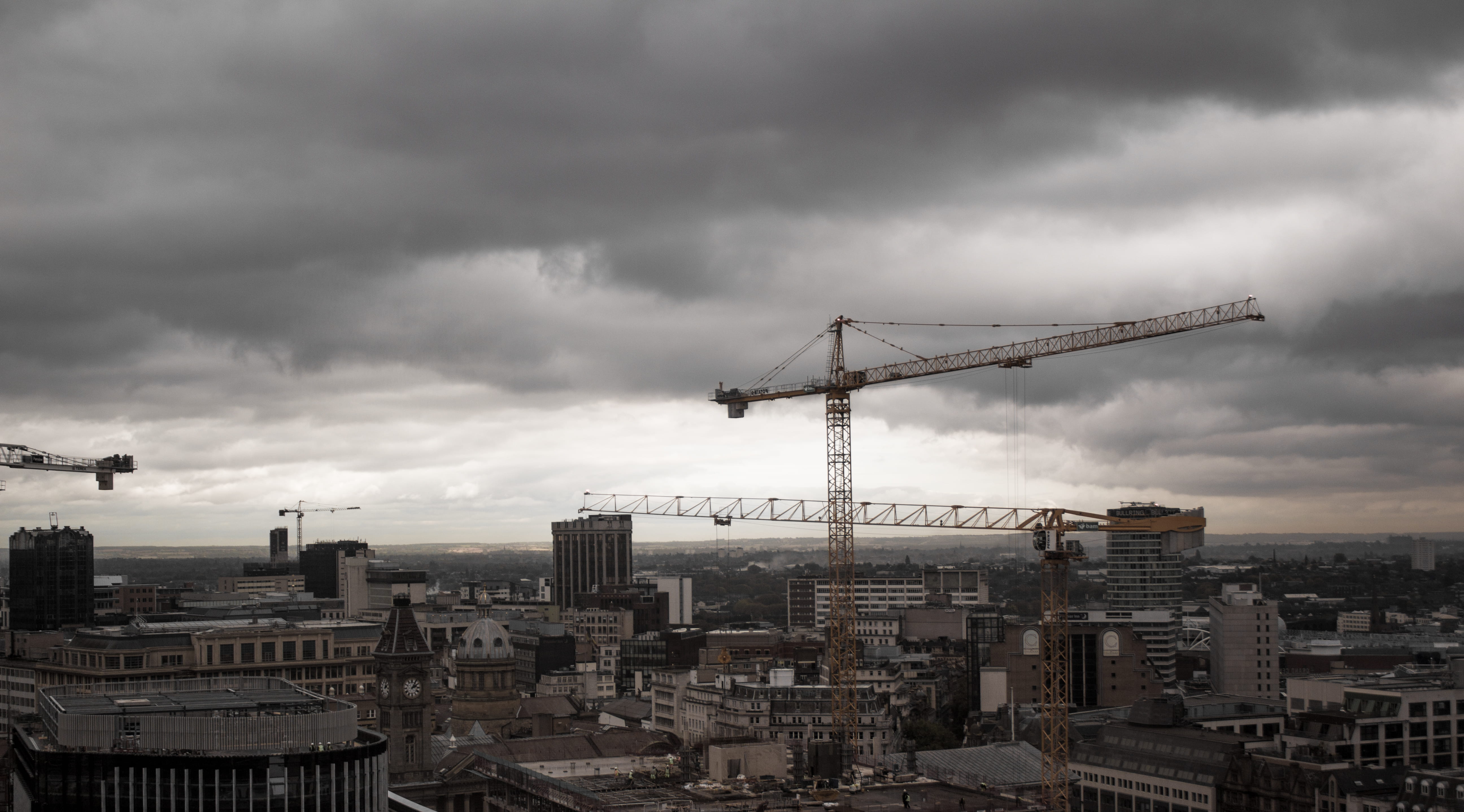bleak, building exterior, industry, office building, overcast, crane, city, architecture, outdoors, control tower, clouds, construction industry, cityscape, HD Wallpaper