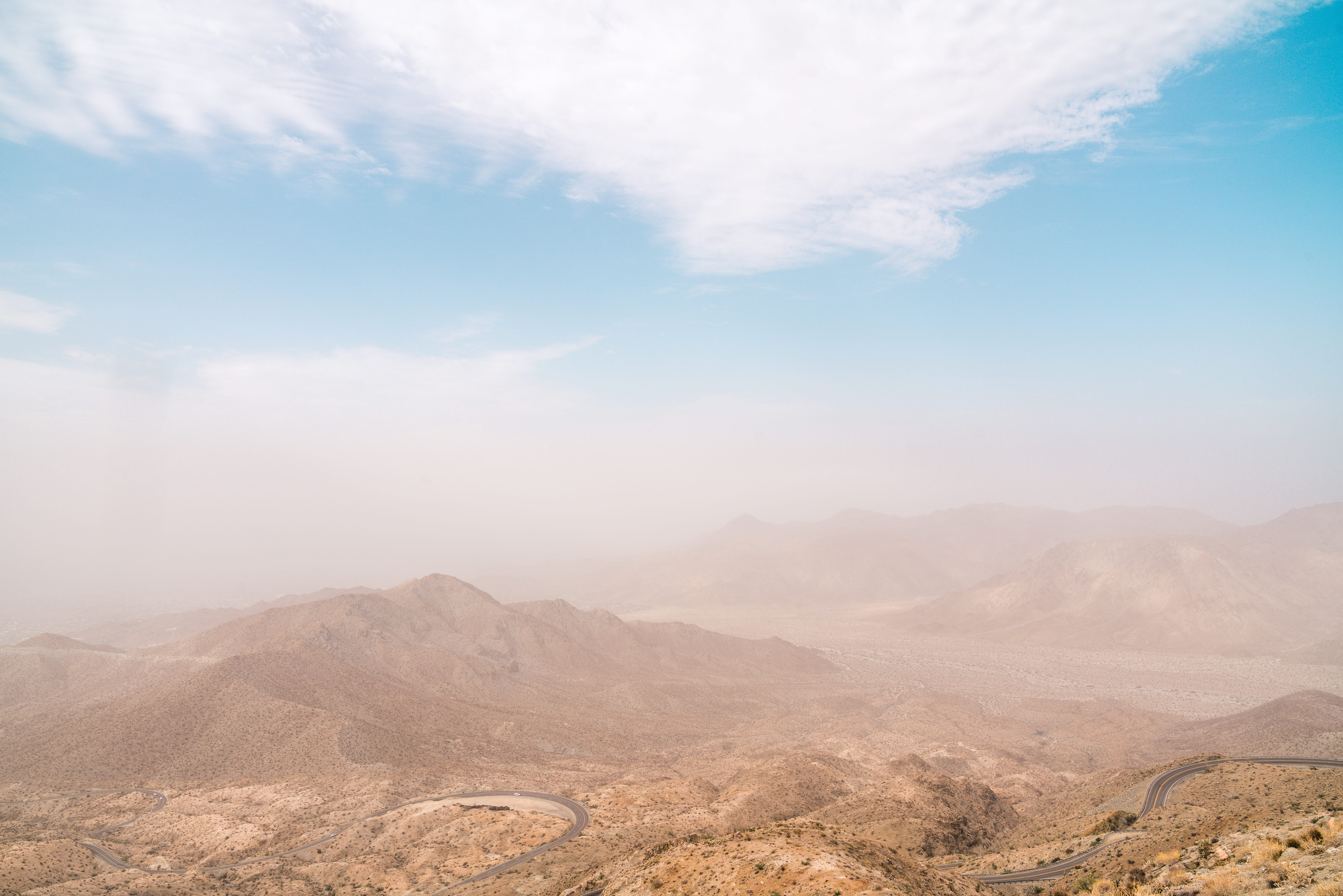 heat, durint, barren, bleak, day, hill, mountain, blue, rural Scene, cloud - Sky, cloud, palm spring, dust, road, daytime, sky, white, land, summer, valley, HD Wallpaper