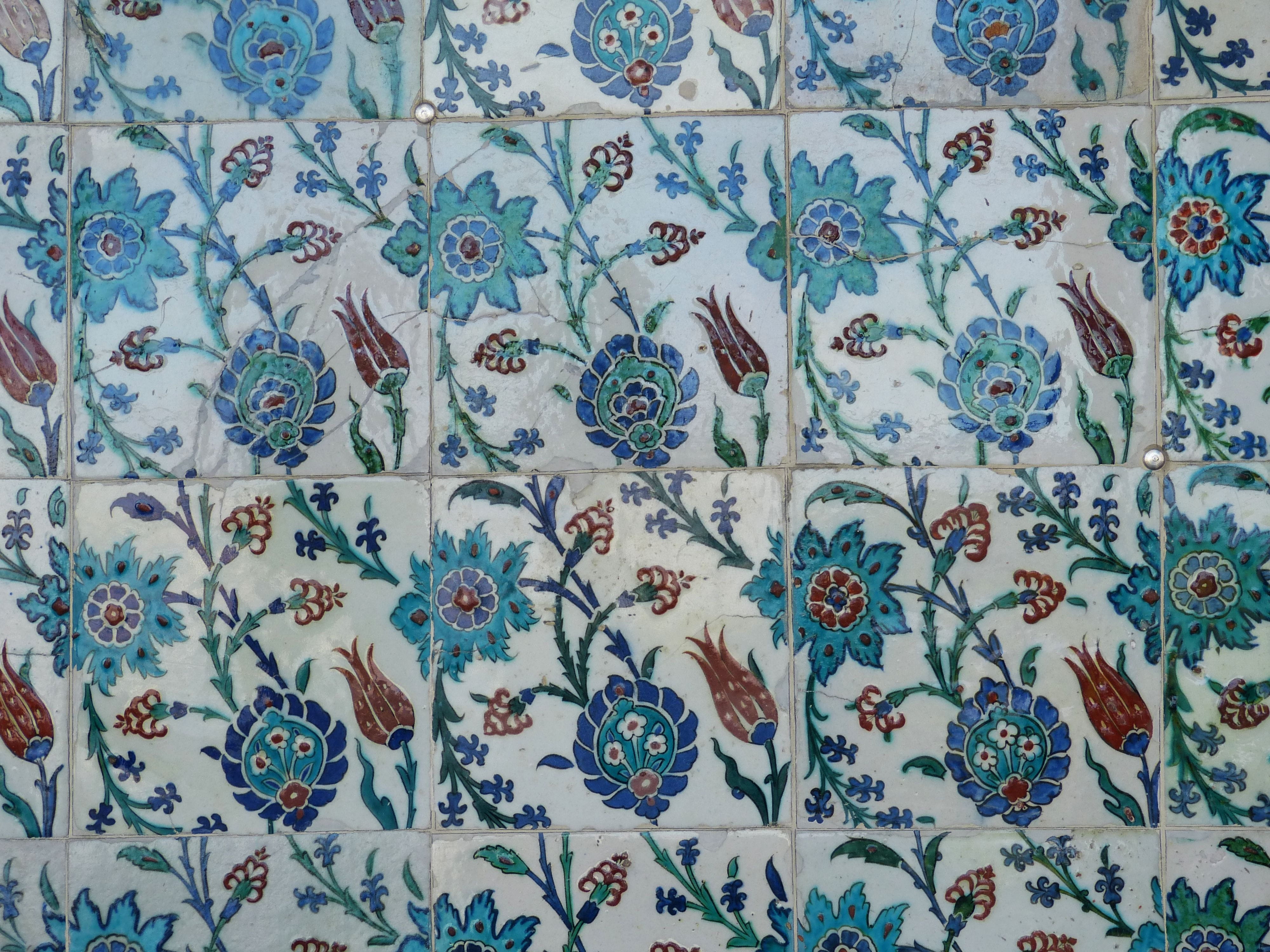 backgrounds, textile, ceramics, no people, design, 4K, textured, blue, flower, decoration, floral pattern, tile, wall, Istanbul, Palace, retro styled, HD Wallpaper
