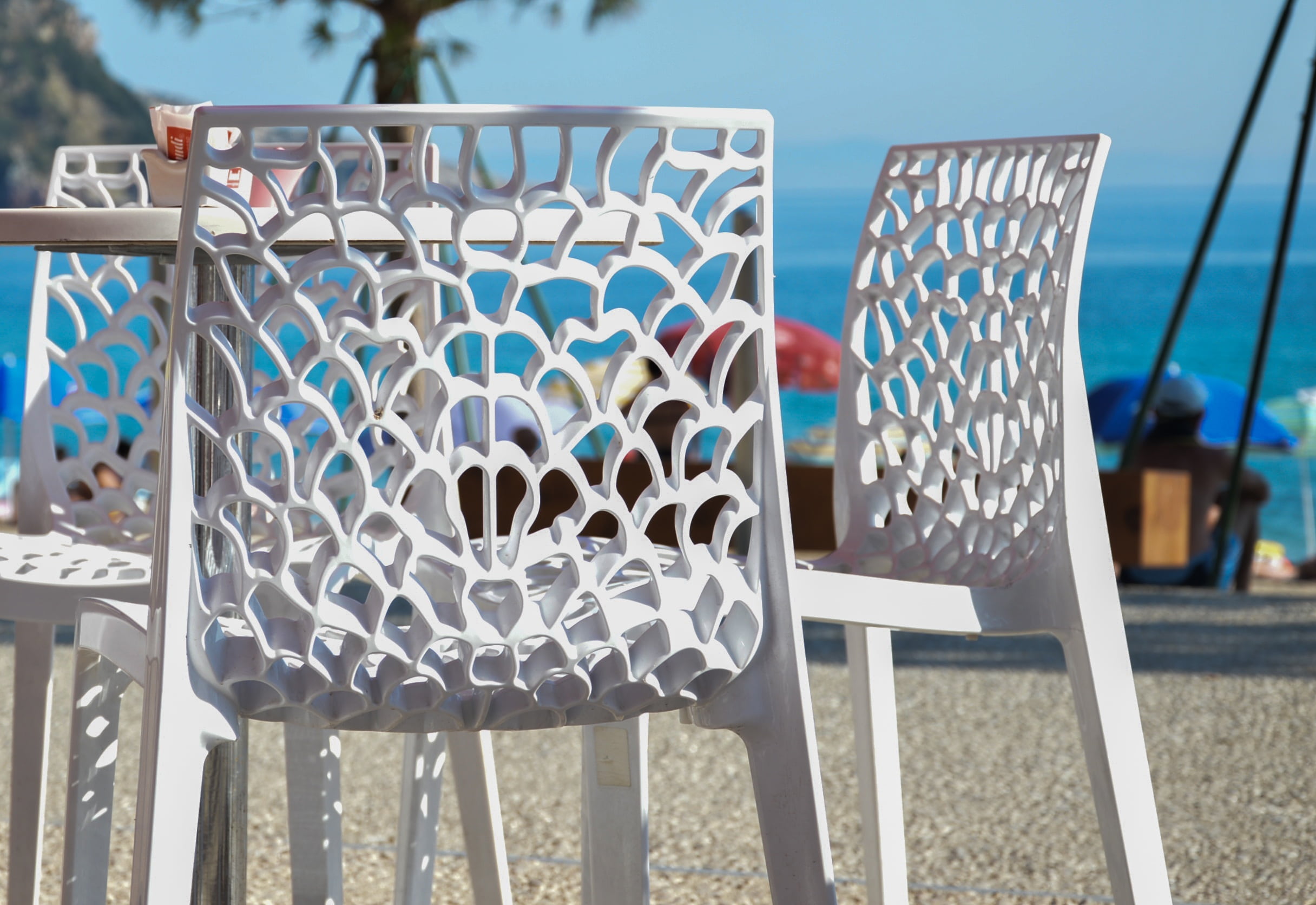 blue, albania, day, nature, playground, seat, 1080P, absence, railing, chair, luxury, architecture, sea, landscapes, outdoors, beach, empty, focus on foreground, HD Wallpaper