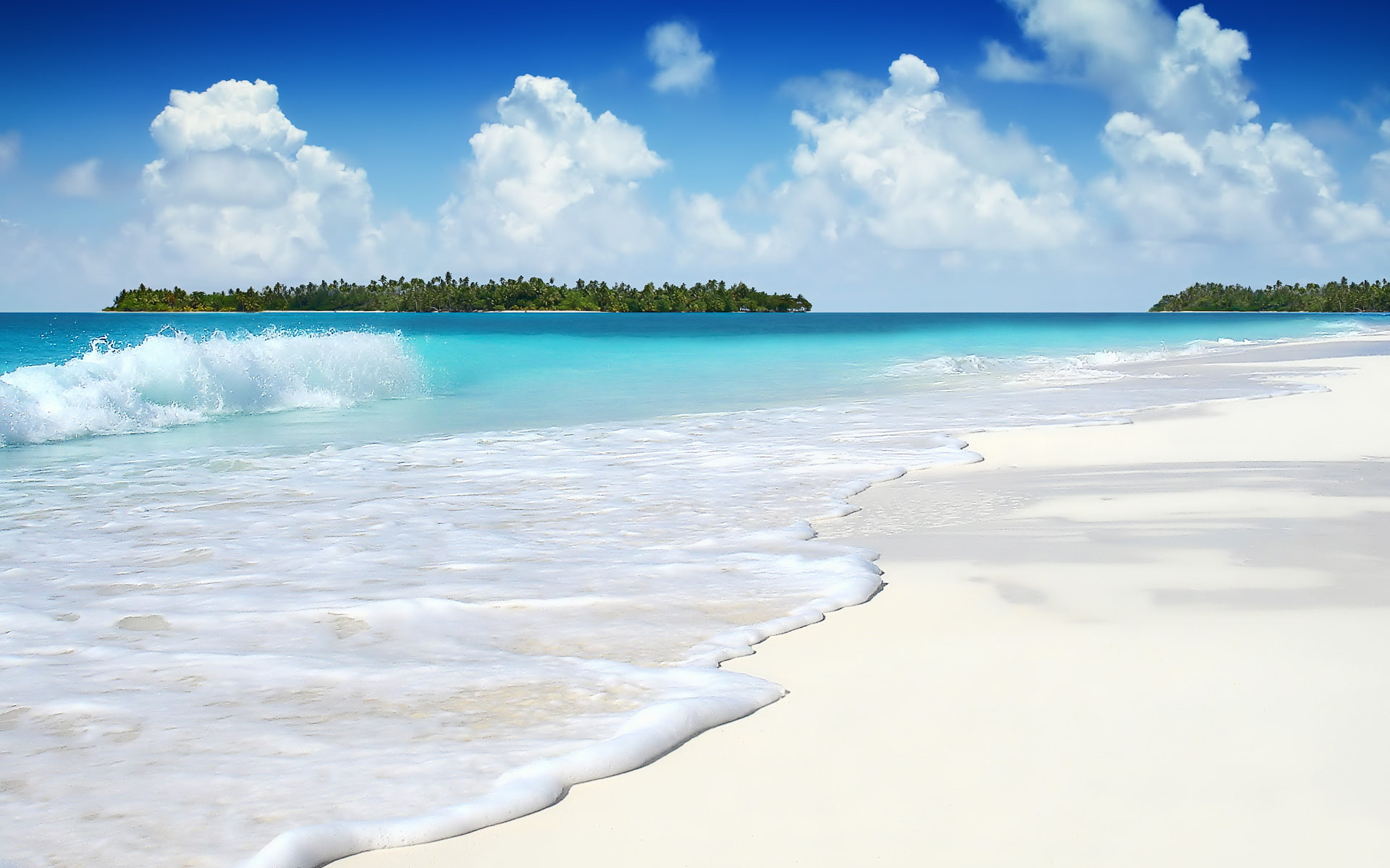 wave, white, 1080P, Lazur, Clouds, sea foam, sand, the ocean, island, the sky, HD Wallpaper