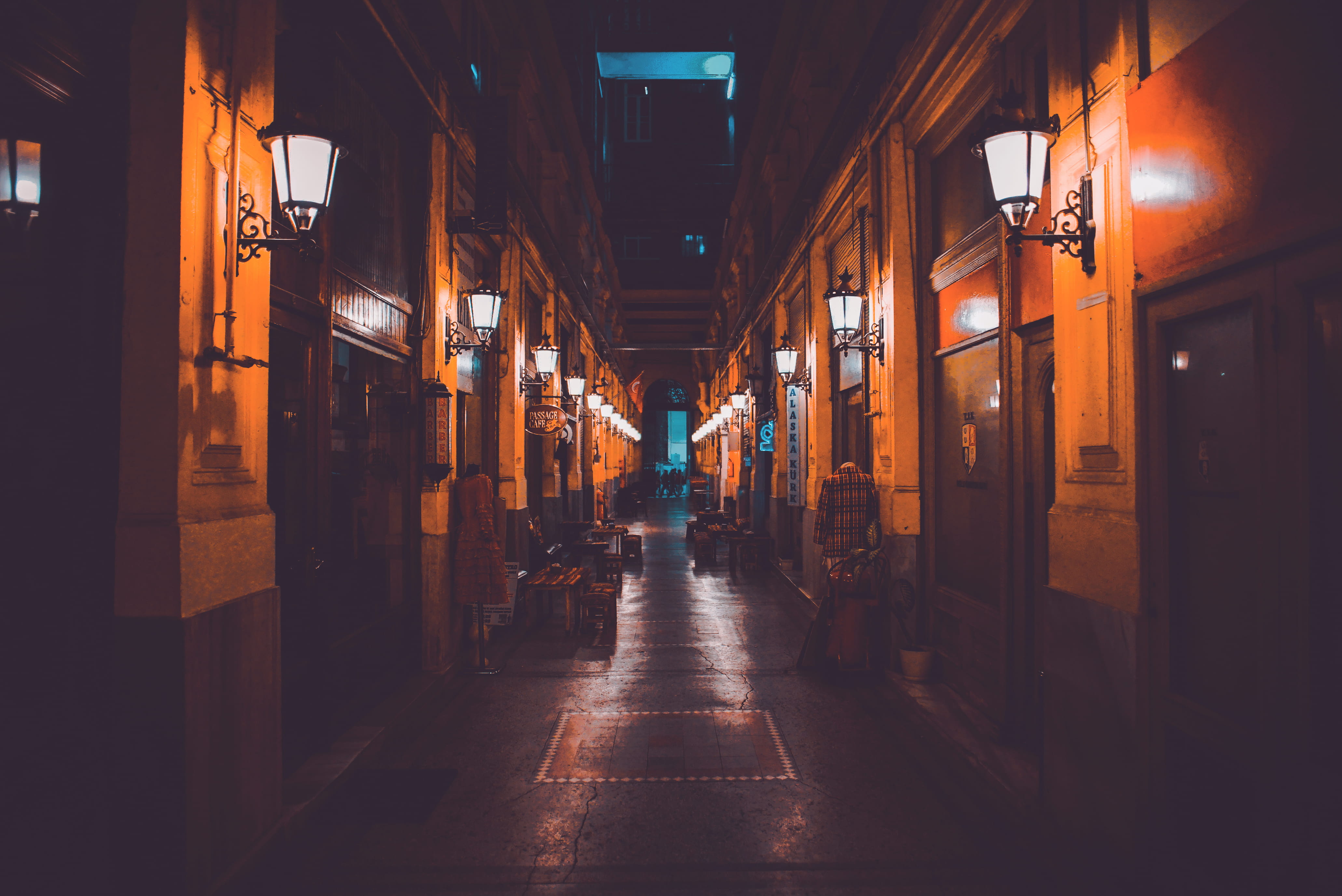 concrete, passage cafe, light, street, people, oldest, indoors, alley, blue, urban, lamp, vintage, incidental people, built structure, shop, store, orange, HD Wallpaper