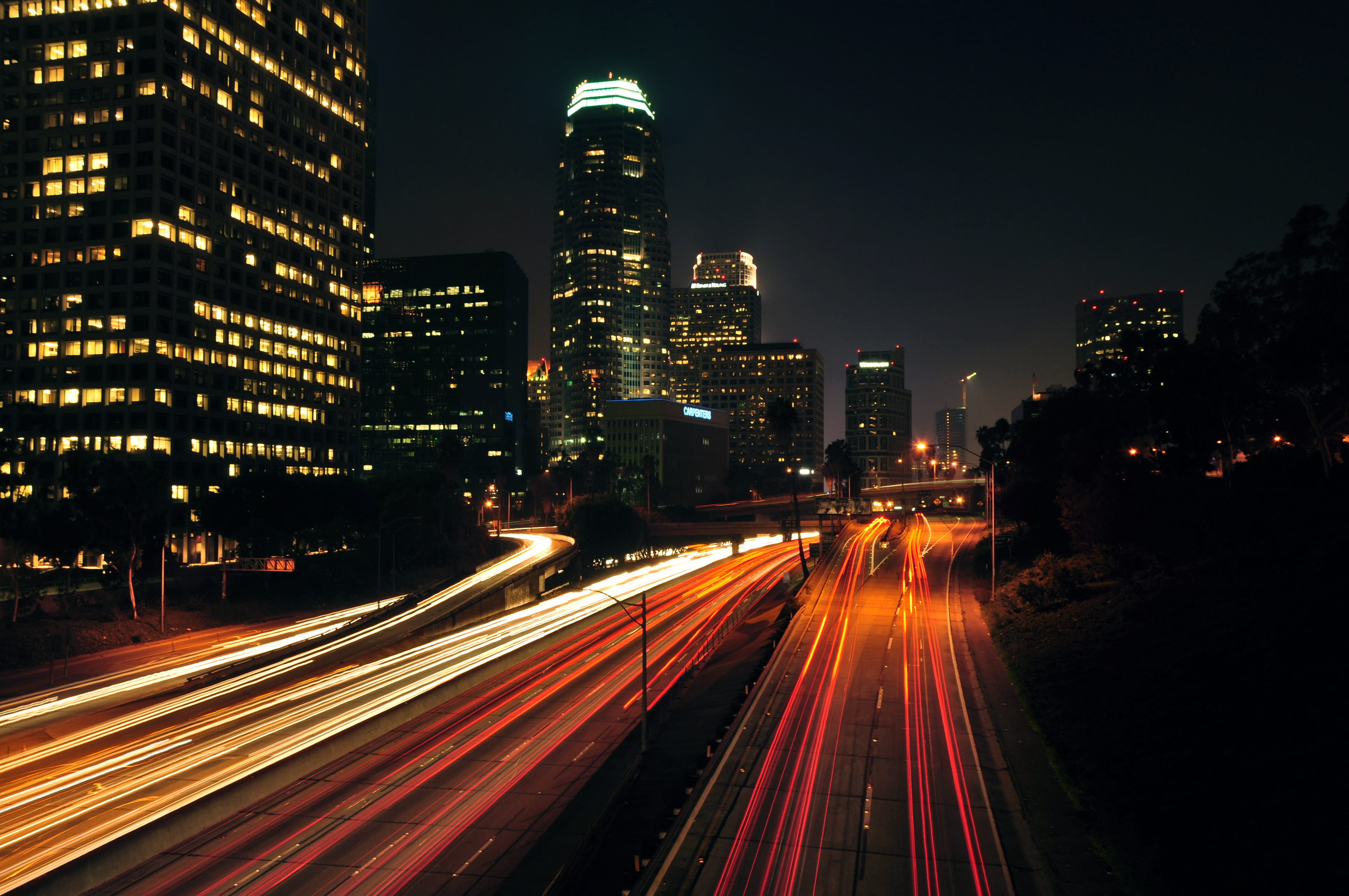 blur, light trail, cars, dusk, lights, architecture, speed, motion, evening, city, transportation system, business, night, office building exterior, movement, HD Wallpaper