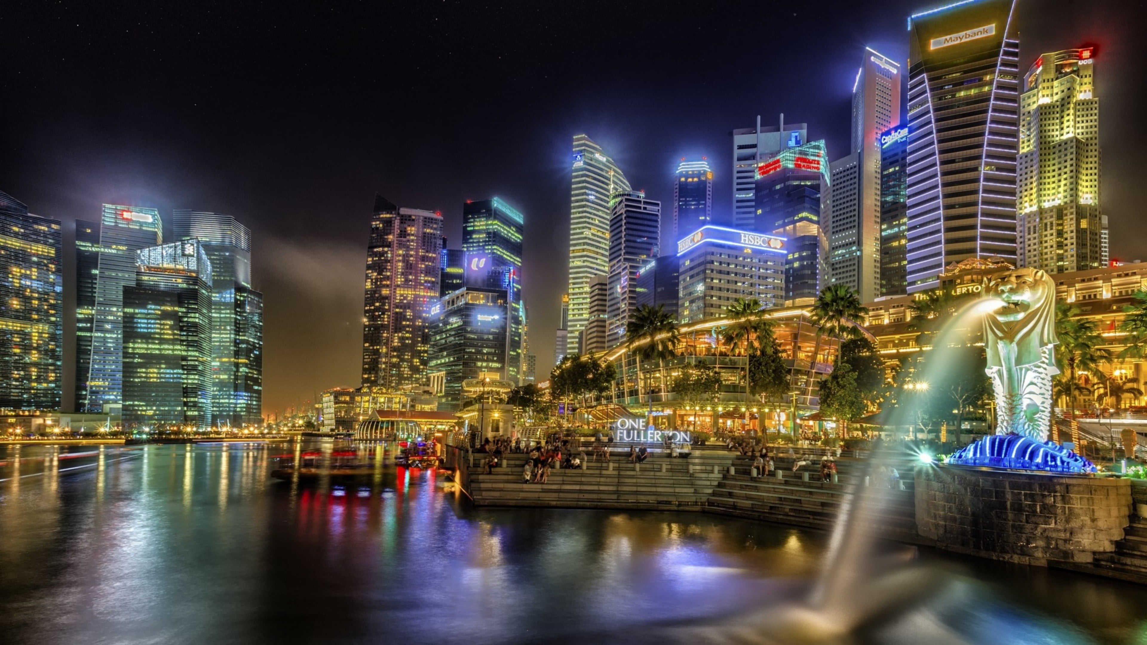 bay, downtown, 4K, waterfront, merlion park, night time, no people, night, office building exterior, urban skyline, river, singapore, water, travel destinations, HD Wallpaper