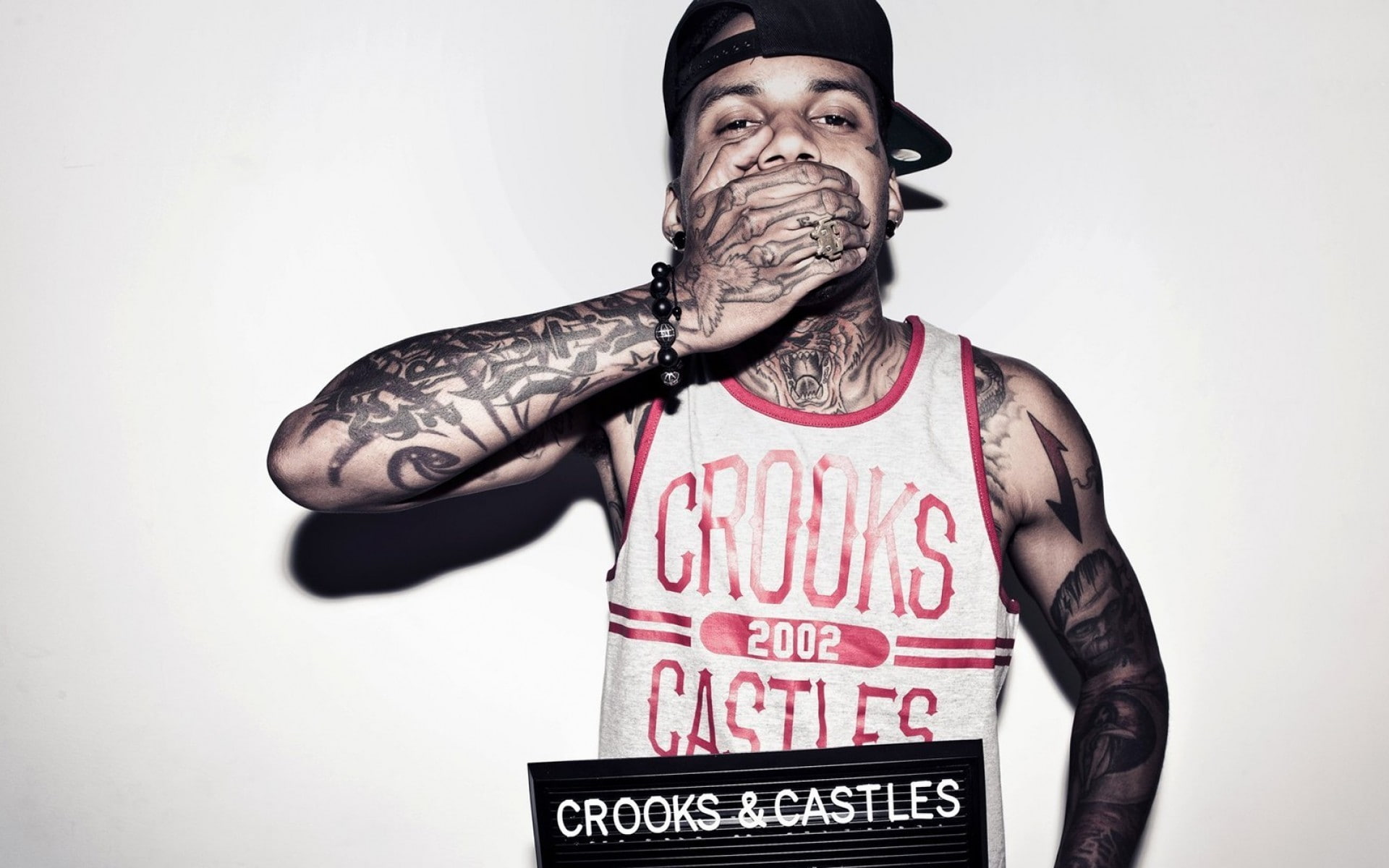Kid ink, wall - building feature, white background, Crooks and castles, indoors, 1080P, males, studio shot, waist up, tattoo, western script, text, men, HD Wallpaper