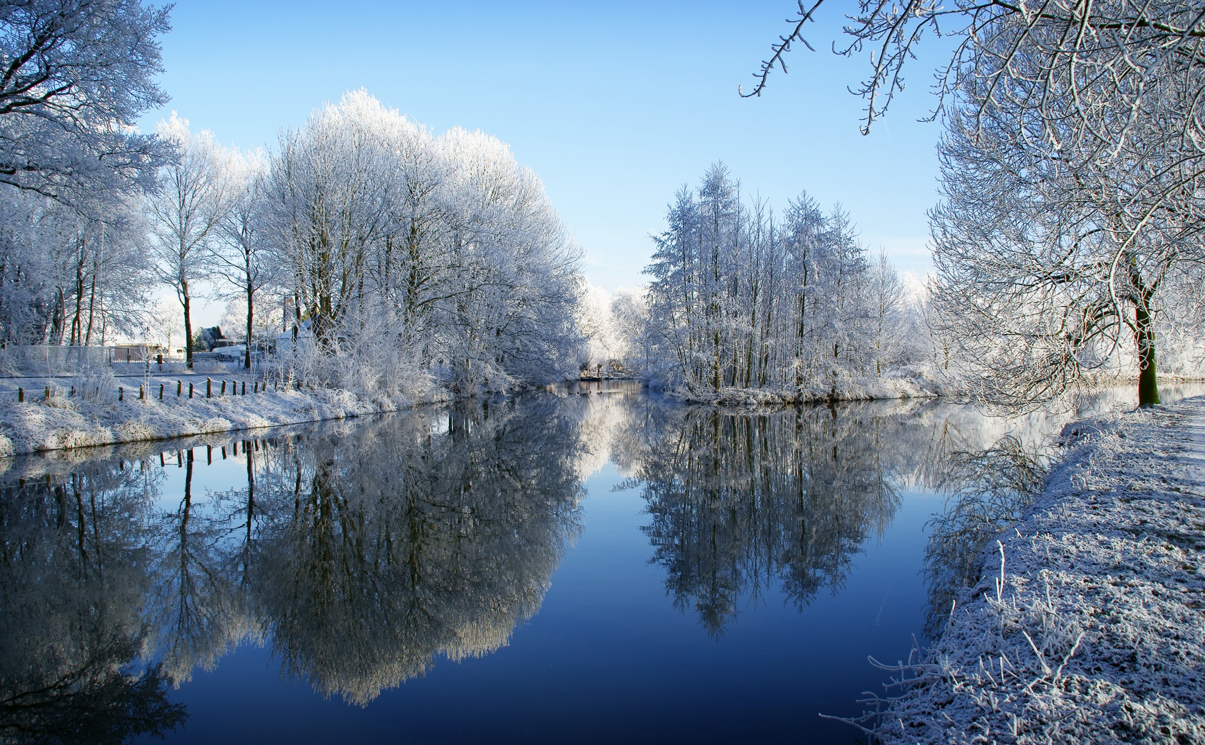 Quiet, 4K, sky, Kromme Rijn, Travel, Amelisweerd, River, Heaven On Earth, Winter, Utrecht, Beautiful, Holland, waterfront, covered, Reflection, White Trees, HD Wallpaper