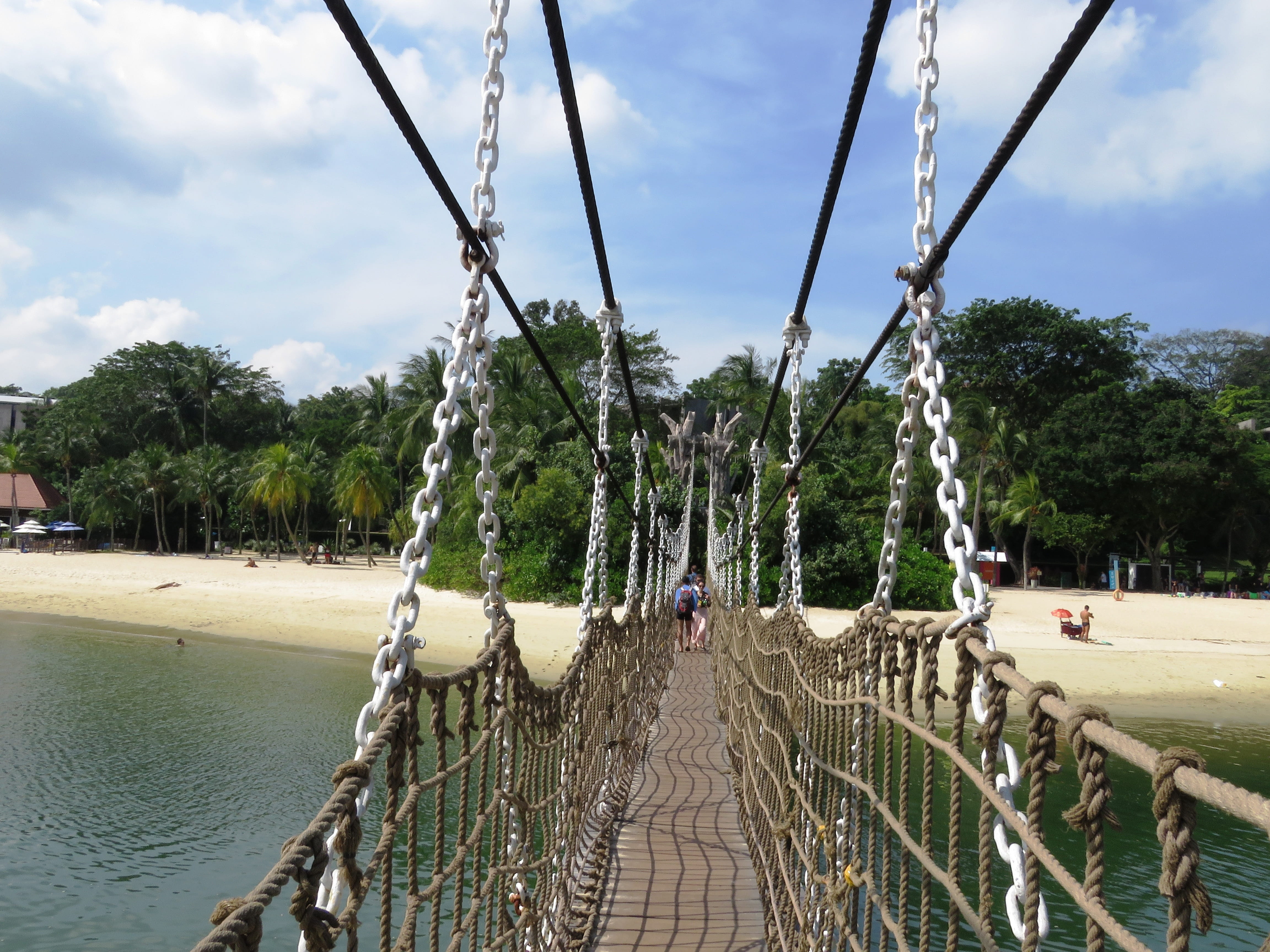 quiet, holiday, tourism, sentosa beach, coconut, travel, railing, cloud - sky, Rope Bridge, ocean, sea, Sentosa, incidental people, outdoors, plant, blue, HD Wallpaper
