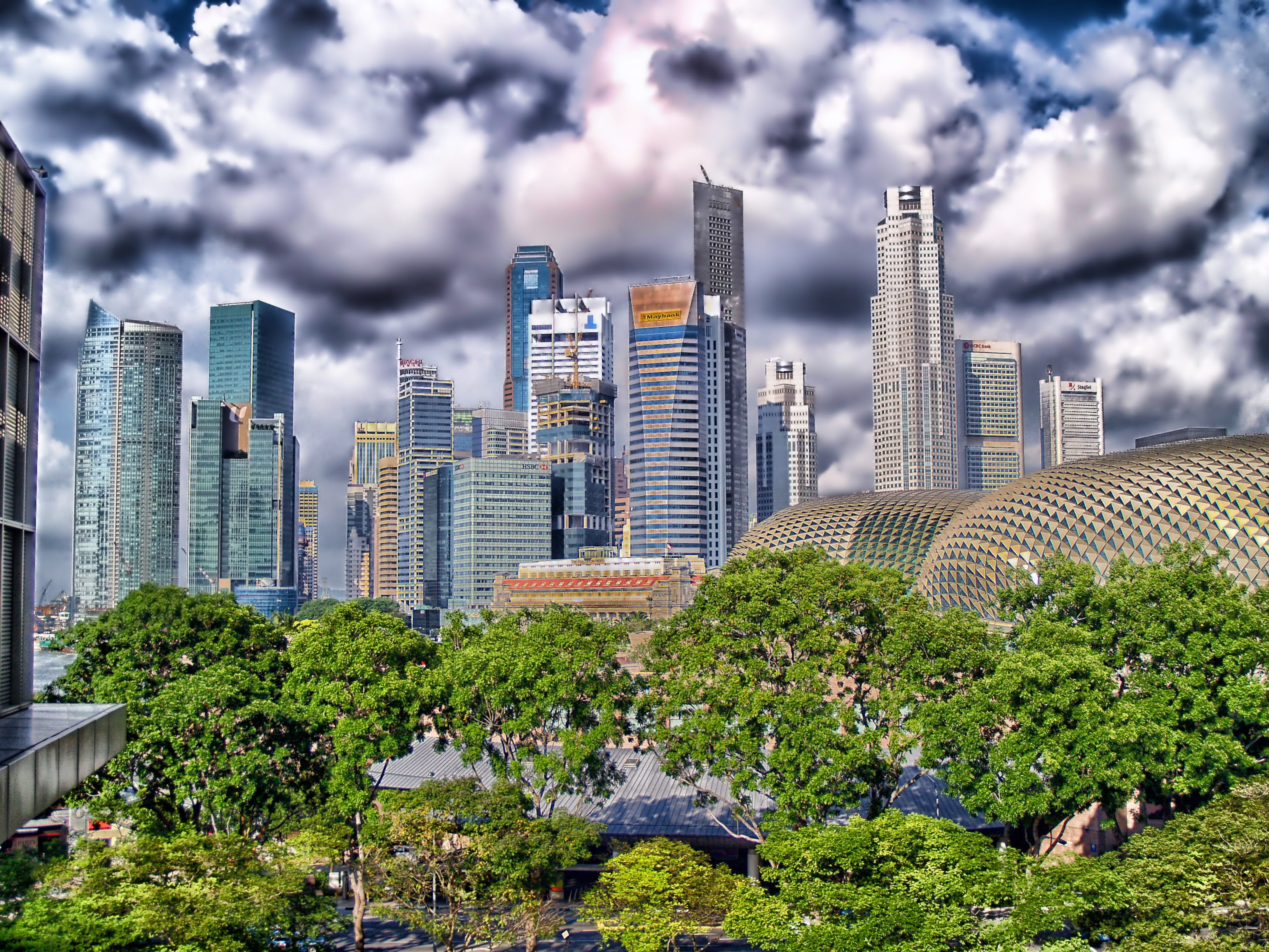 nature, urban, building, trees, residential district, office building exterior, built structure, hdr, singapore, landscape, City, cloud - sky, building exterior, HD Wallpaper