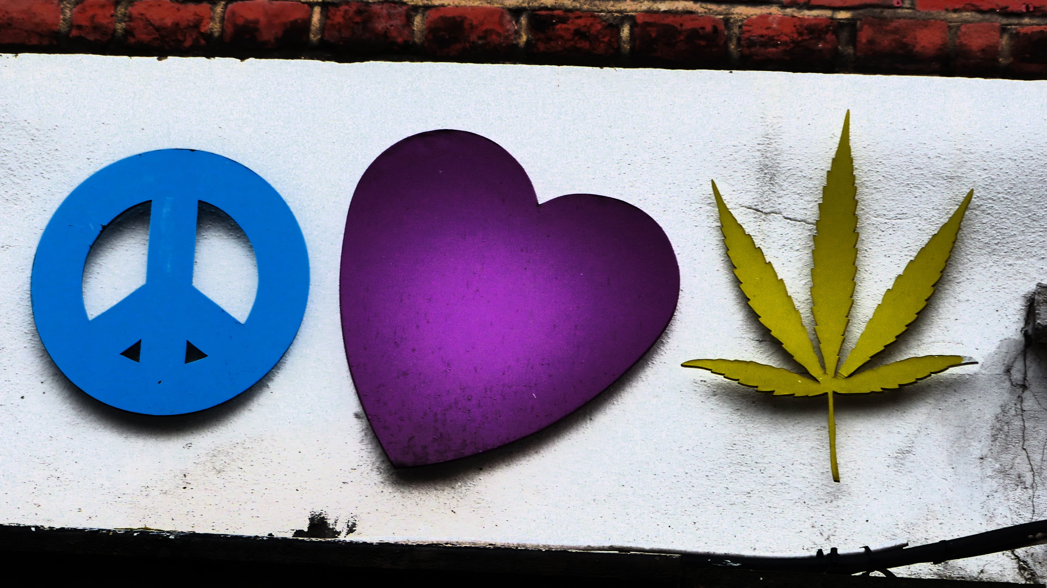 plant part, day, peace, outdoors, leaf, love, wall - building feature, no people, art and craft, close-up, nature, heart, shape, white color, purple, shop sign, HD Wallpaper