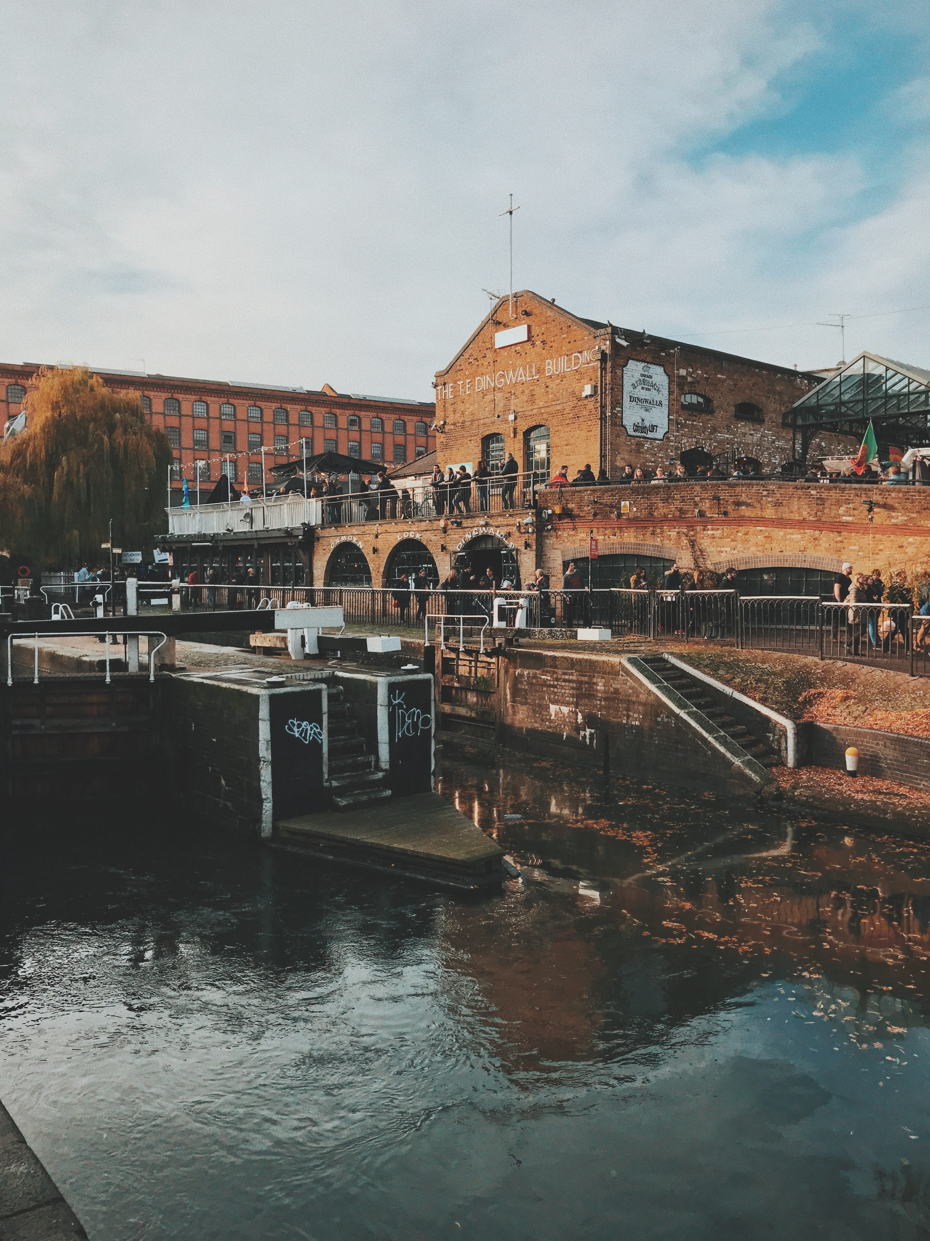 canal, lock, bar, transportation, 4K, outdoors, united kingdom, no people, building, camden town, london, camden, party, bridge, reflection, connection, Phone HD Wallpaper