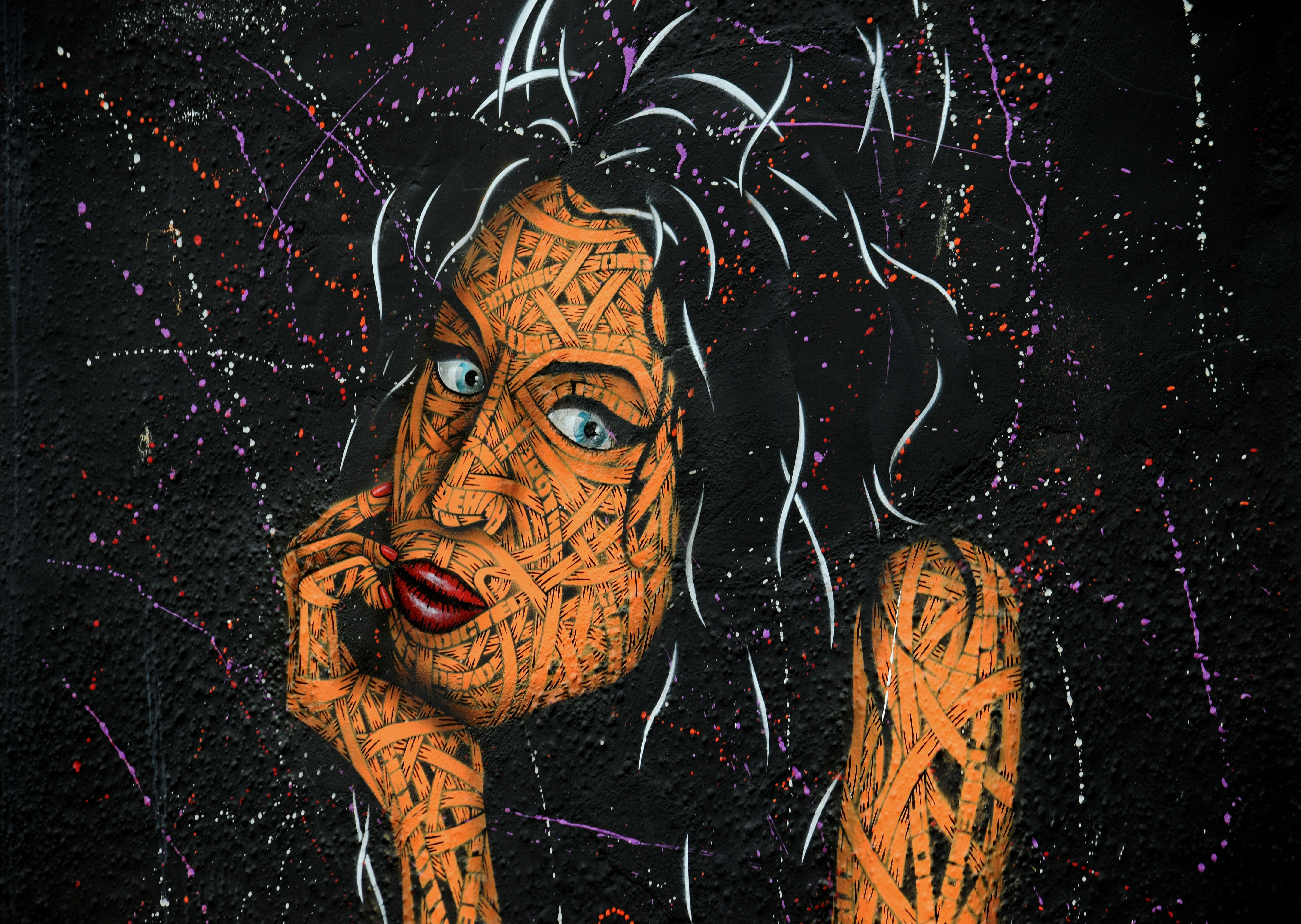 artwork, face, portrait, paint, city, camden, decoration, spray, mural, halloween, illustration, spooky, black background, amy winehouse, disguise, s, woman, HD Wallpaper