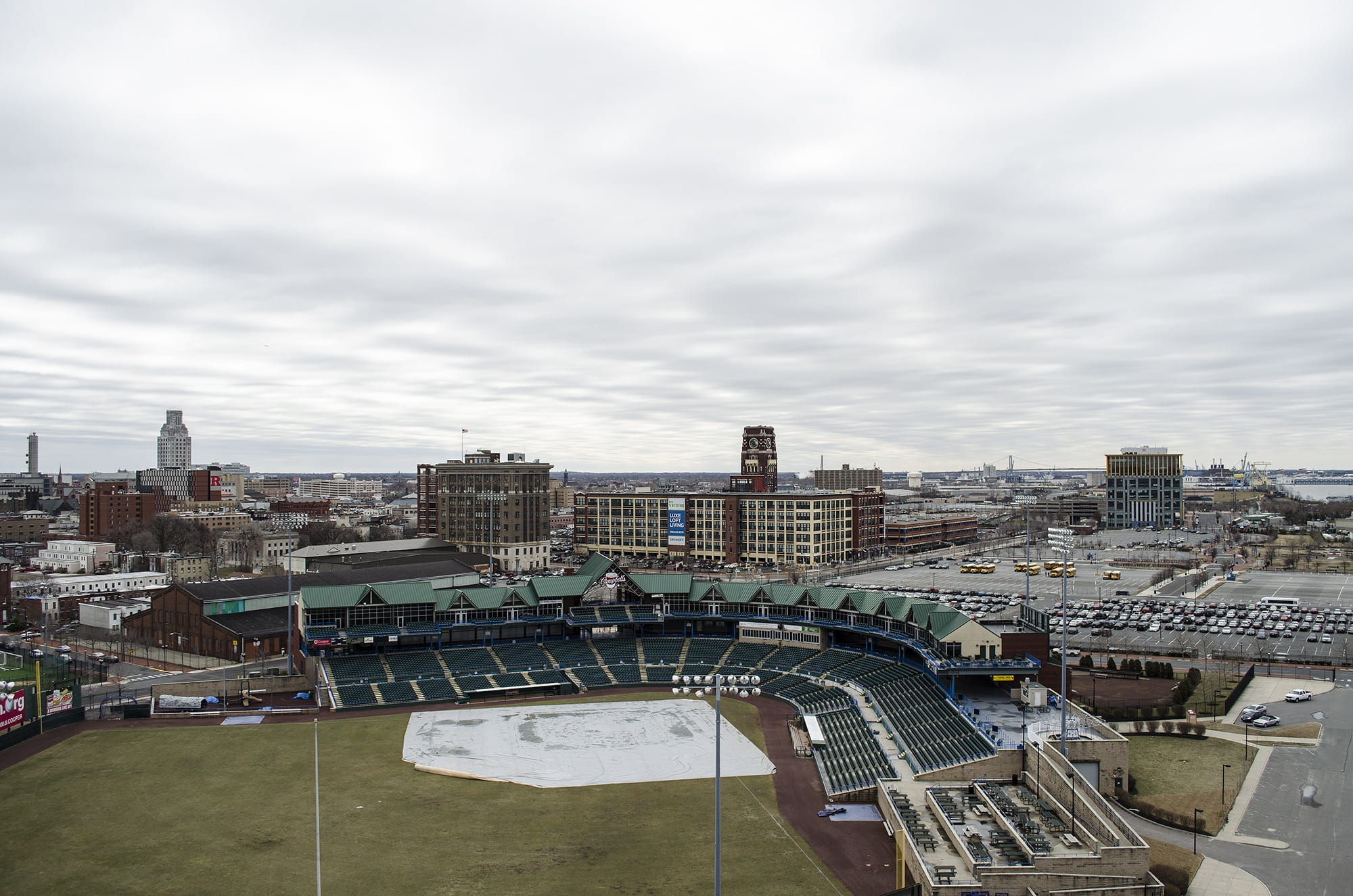 cloud - sky, high angle view, built structure, New Jersey, camden, day, overcast, building exterior, tower, sky, building, landmark, outdoors, urban, metropolitan, HD Wallpaper