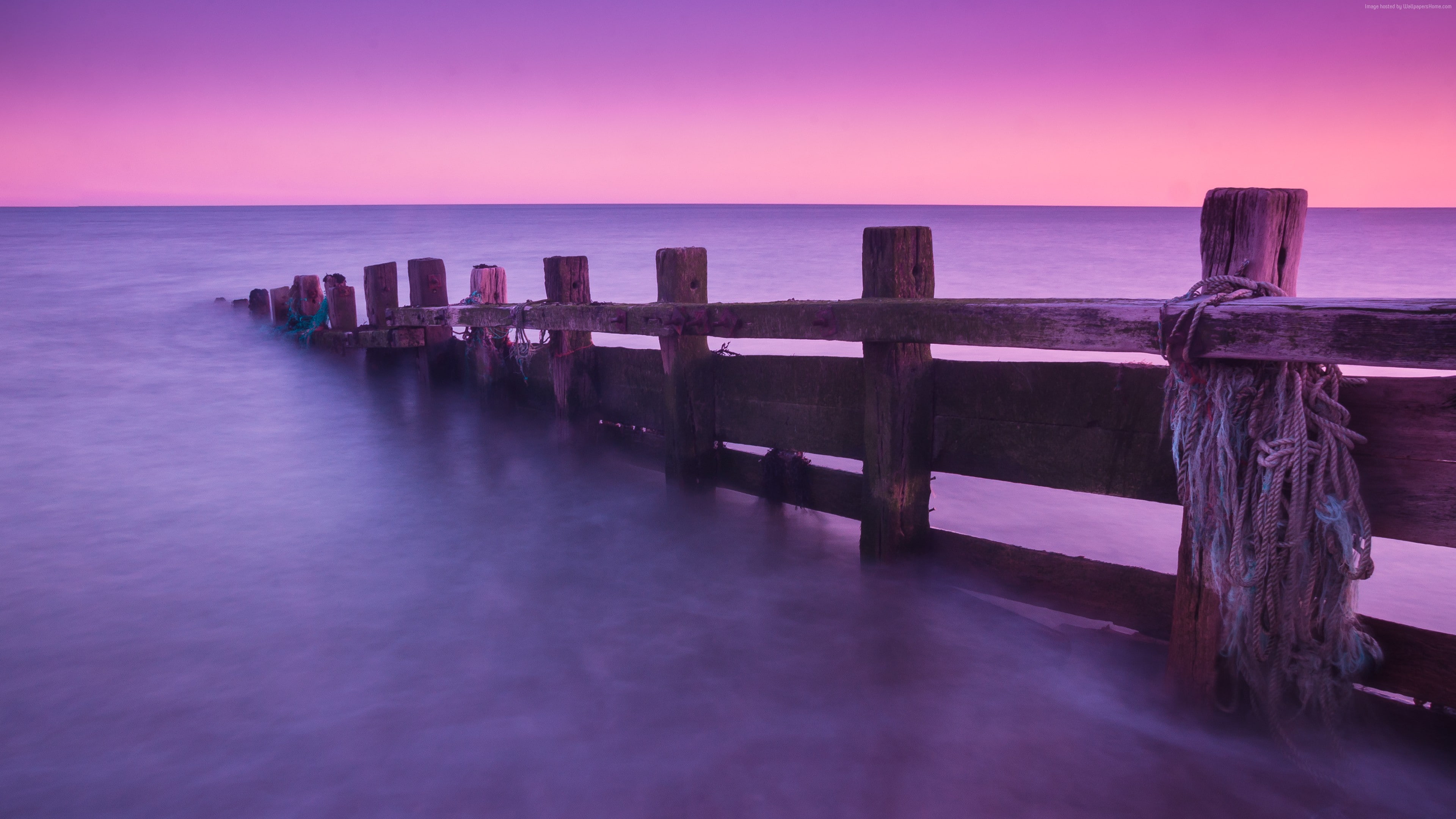 sea, docks, ocean, sunrise, sunset, clear sky, England, purple, abandoned, pink, Seven Sisters Country Park, 4K, 4k, water, HD Wallpaper