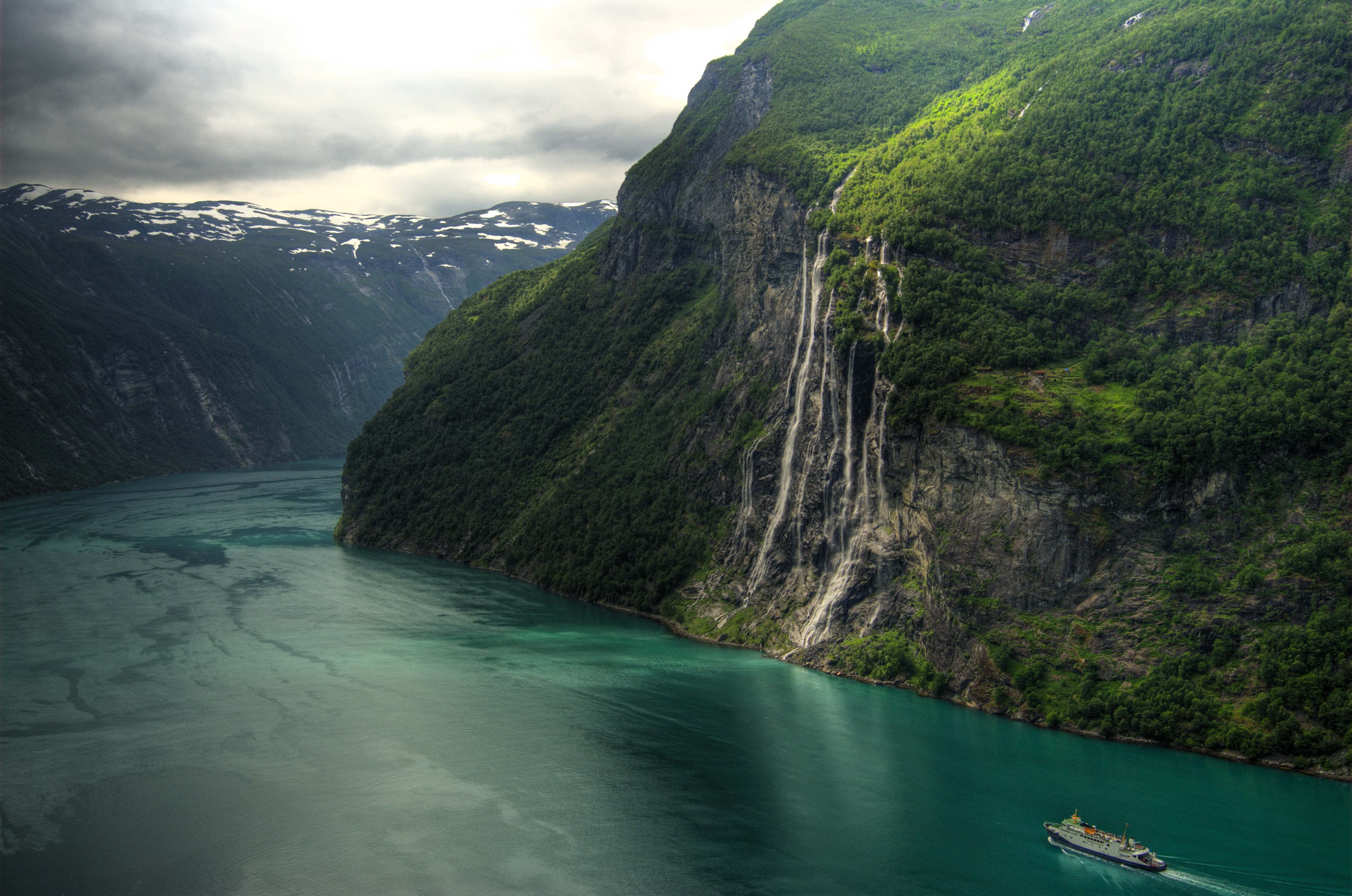 europe, land, no People, day, idyllic, journey, turquoise colored, cloud - sky, ship, Seven Sisters Waterfall, beautiful, cliff, beauty In Nature, green Color, HD Wallpaper