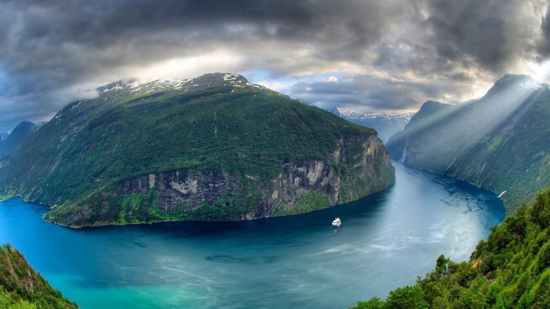transportation, tranquil scene, sea, scenics - nature, geirangerfjord, beach, environment, mountain, water, seven sisters waterfall, 1080P, outdoors, tranquility, HD Wallpaper