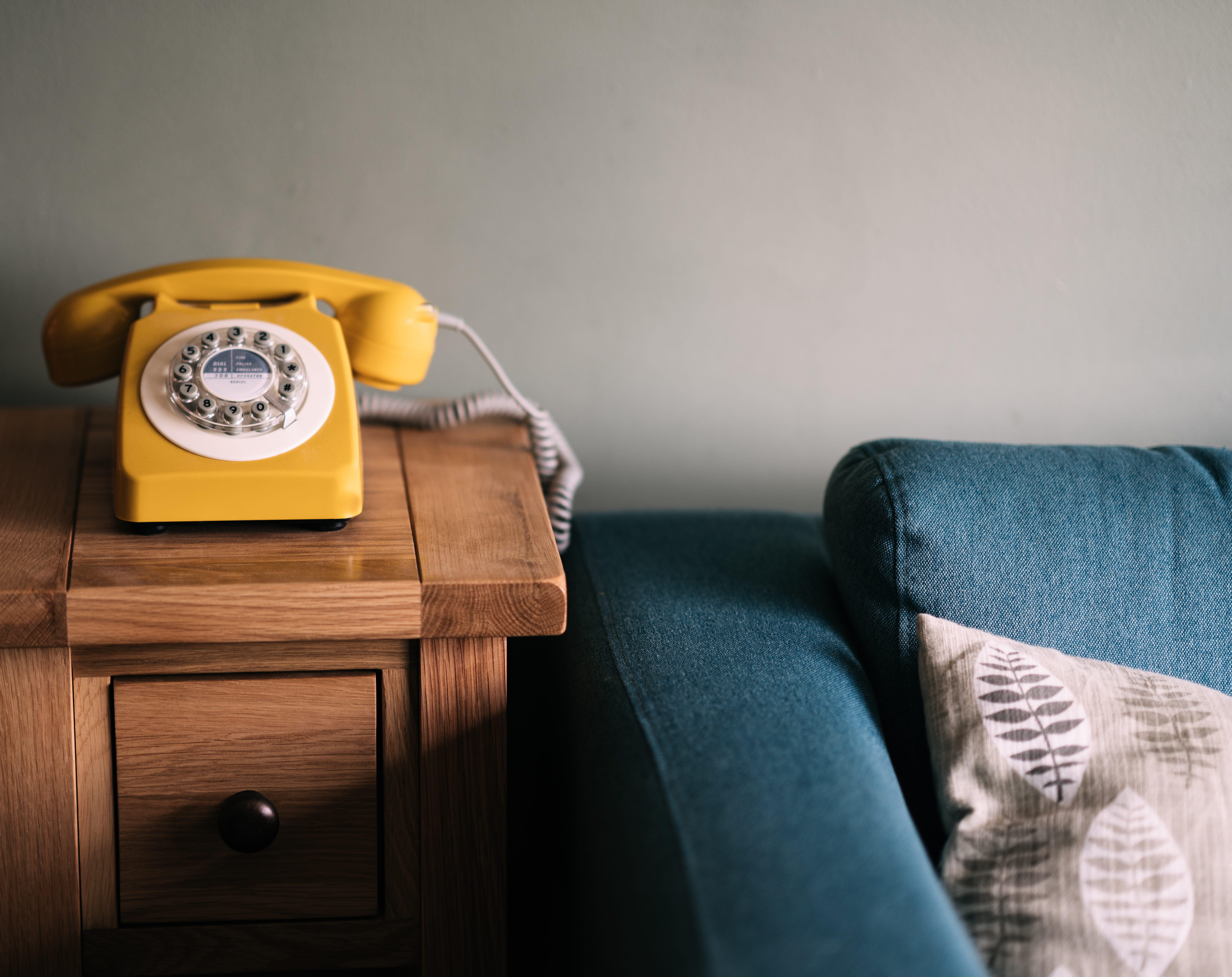 old, rotary, technology, interior, yellow phone, indoors, telephone, blue, cushion, equipment, rotary Phone, 5K, bedroom, using Phone, nostalgia, vintage phone, HD Wallpaper