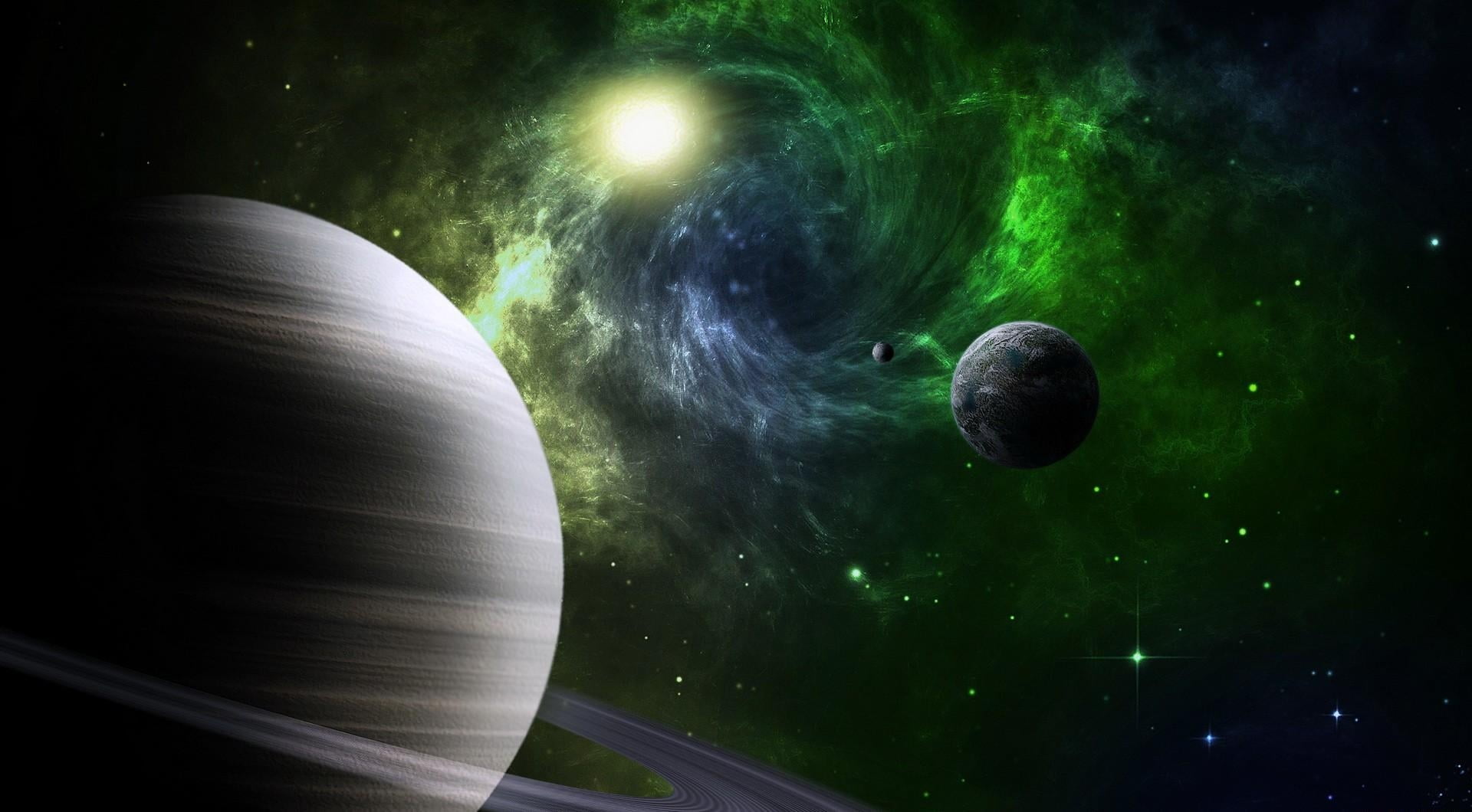 outdoors, dark, science, blue, glowing, ring, no people, night, solar system, nebula, 1080P, circle, planet, sky, nature, planetary Moon, saturn, motion, HD Wallpaper