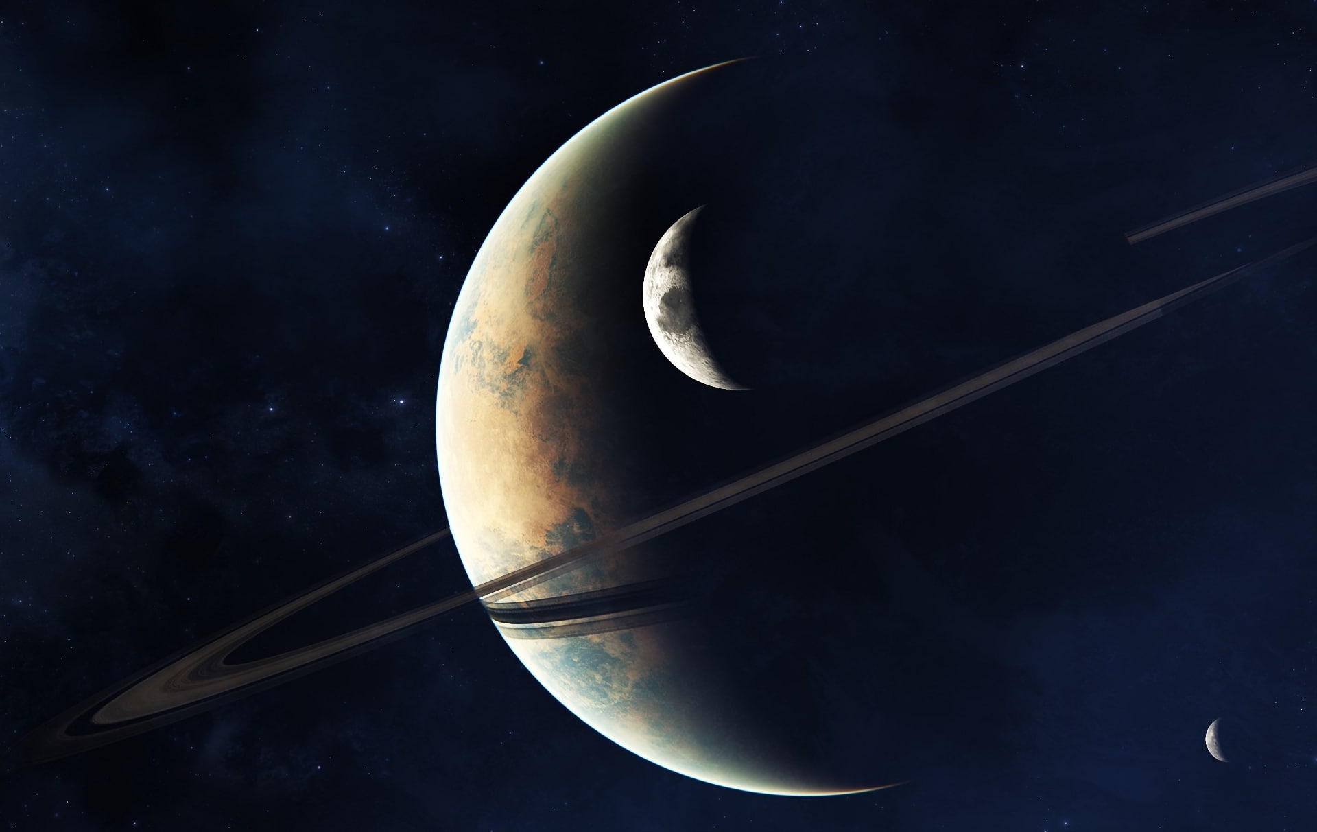 giant, satellite, space, ring, art, nebula, 1080P, stars, planet, HD Wallpaper