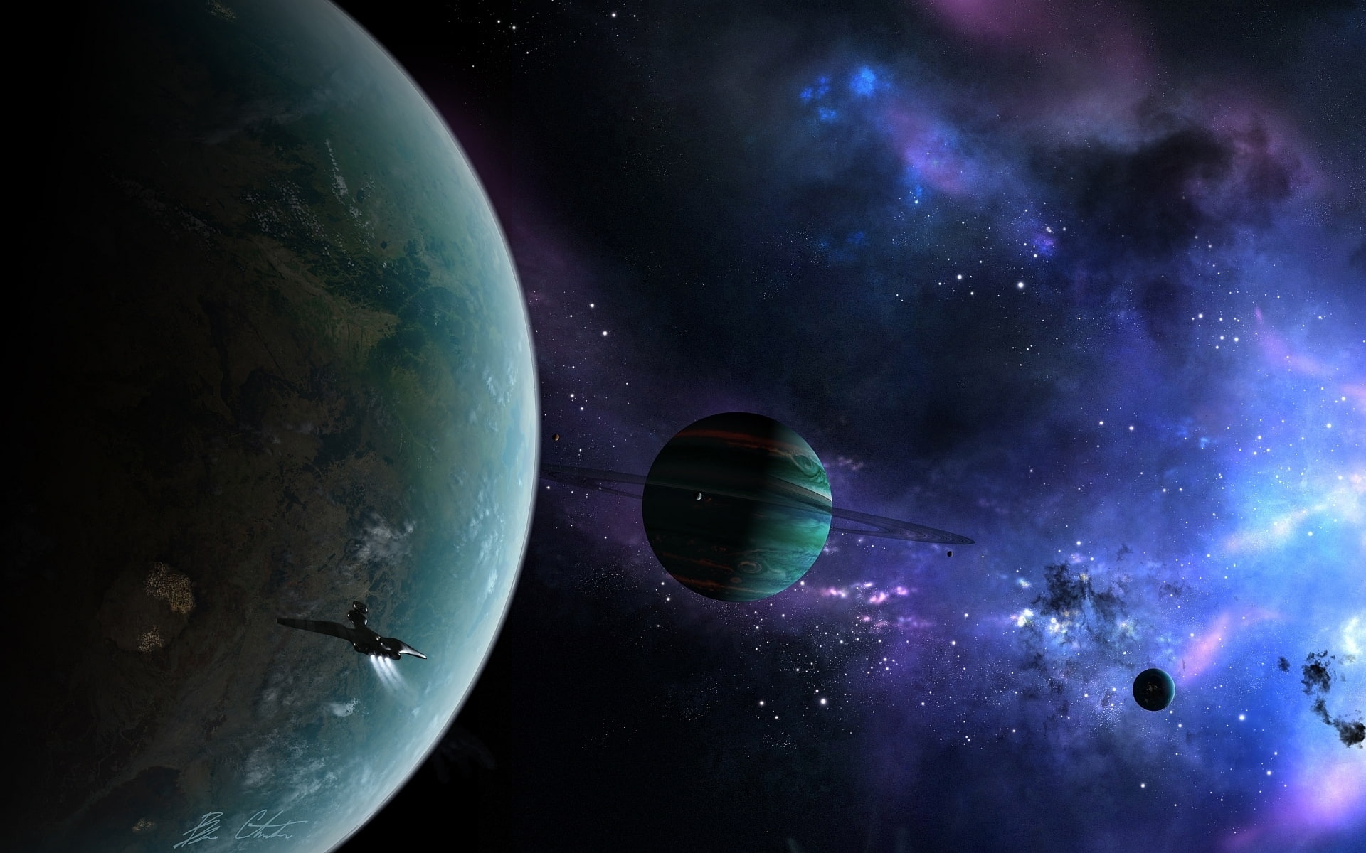 regulus36, planet, ring, space, nebula, ship, 1080P, HD Wallpaper
