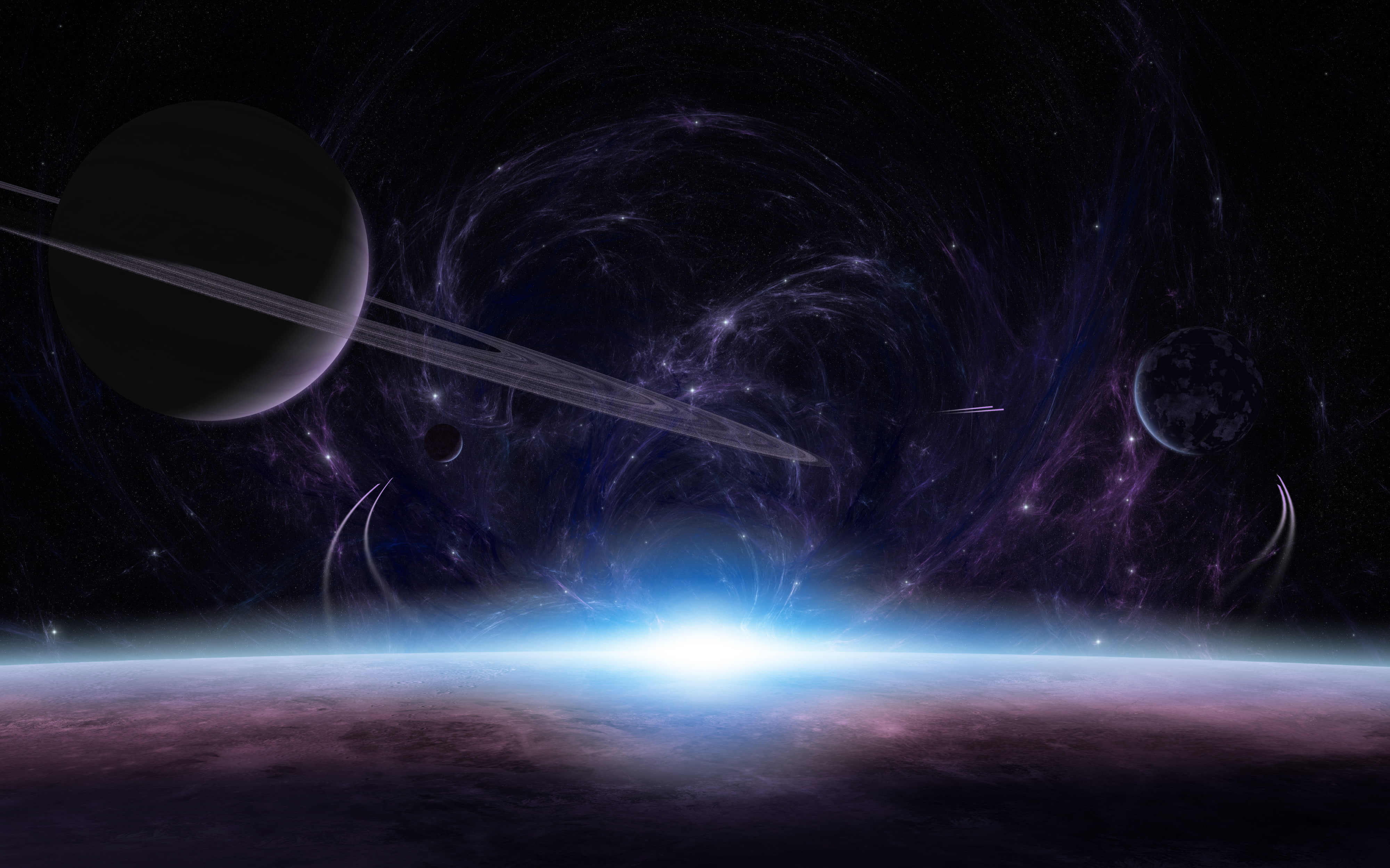 planet, light beam, glowing, planet - space, ring, cloud - sky, light, space, satellites, surface, sunrise, night, no people, long exposure, stars, grey, HD Wallpaper