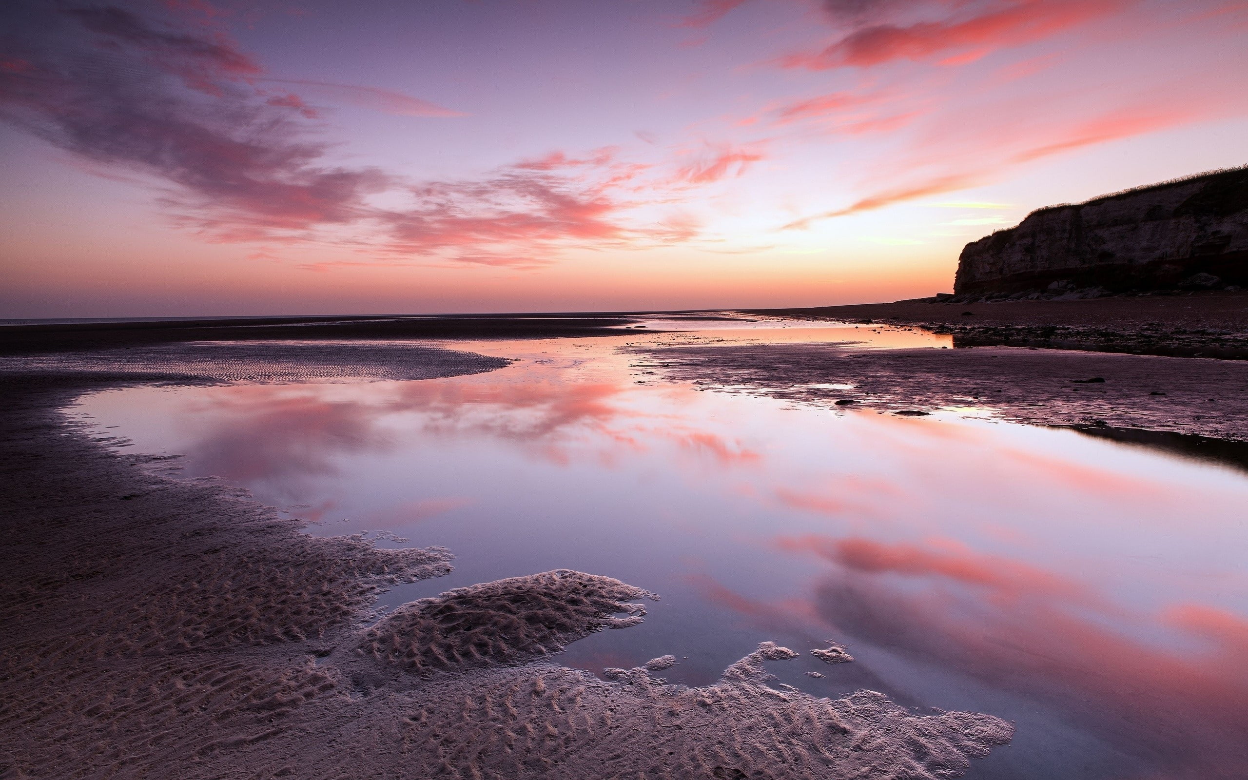 landscape, 2K, cloud - sky, horizon over water, reflection, outdoors, land, scenics - nature, beach, Pink, Rock, sea, Pools, sky, nature, tranquil scene, HD Wallpaper
