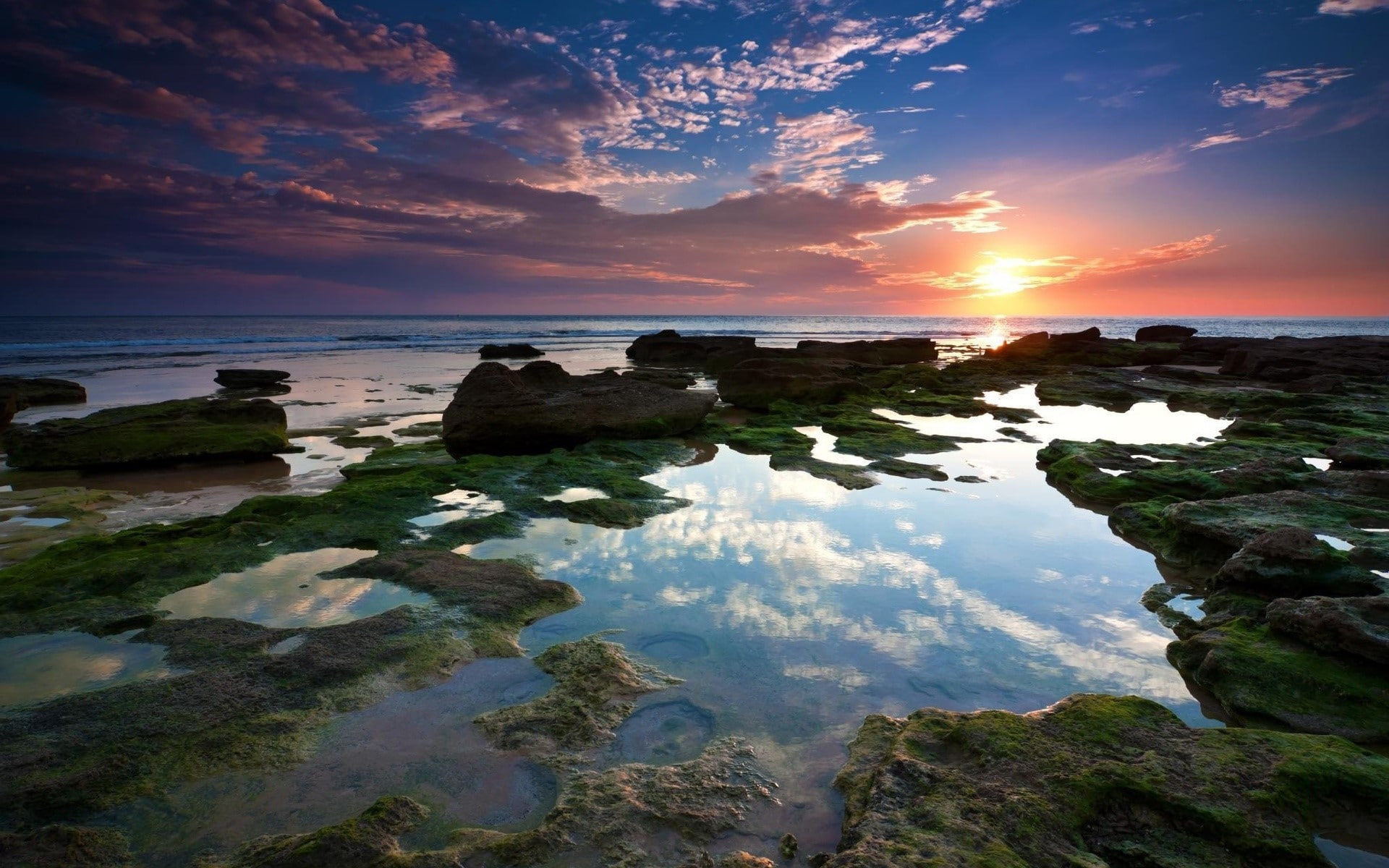 tranquility, beach, beauty in nature, Light, 1080P, Sun, nature, Sky, landscape, Silence, Pools, sunset, rock, Sea, solid, cloud - sky, reflection, Reeves, HD Wallpaper
