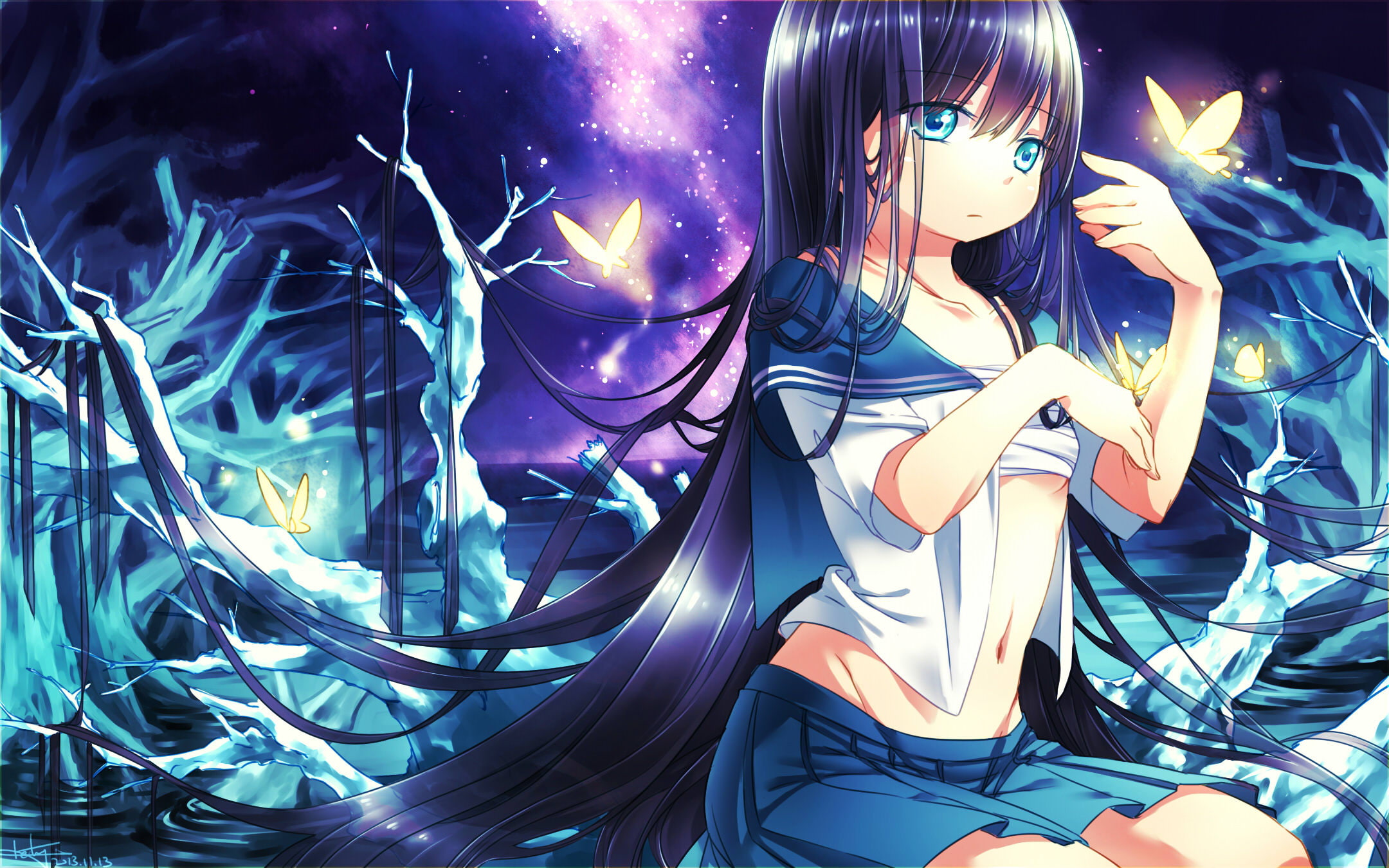 anime, stars, the sky, form, butterfly, keluy, 1080P, art, water, girl, schoolgirl, HD Wallpaper