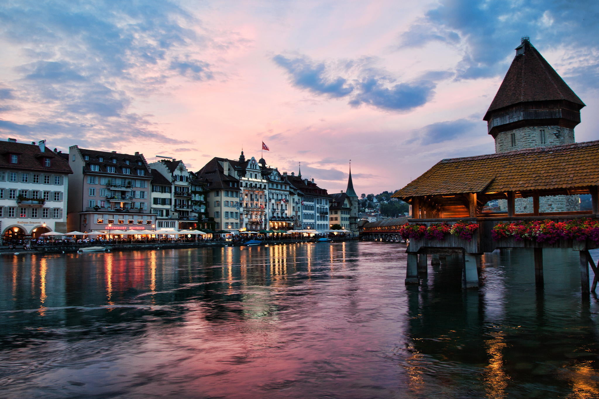 the evening, home, river, built structure, 1080P, building exterior, no people, reflection, waterfront, outdoors, sunset, city, Lucerne, the city, religion, HD Wallpaper