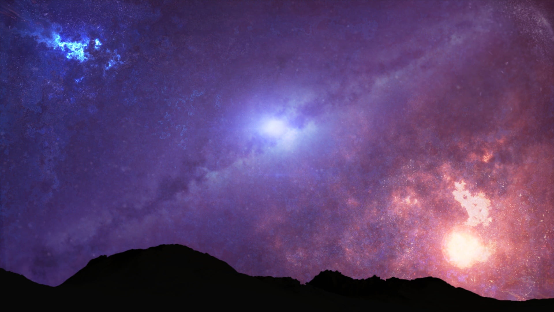 nature, scenics - nature, purple, silhouette, way, outdoors, space, light, tranquility, galaxy, mountain, pink color, illuminated, dark, outerspace, milky, HD Wallpaper
