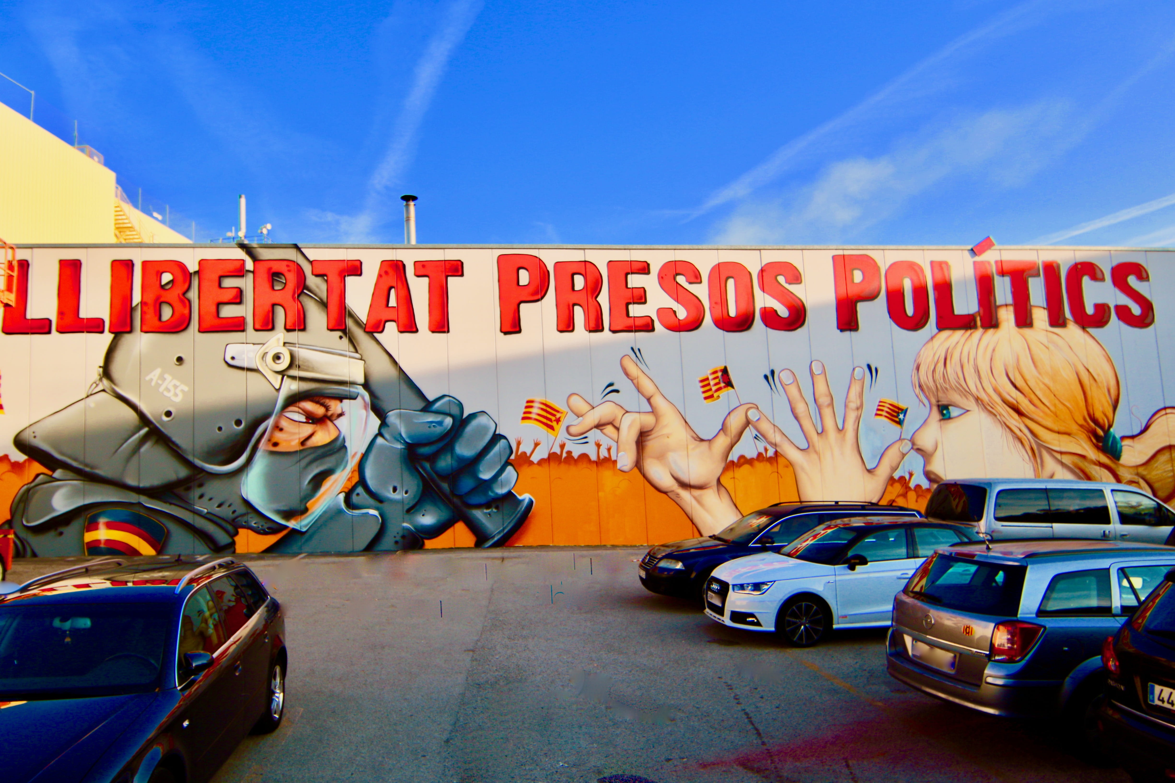 spain, day, road, blue, car, mural, art and craft, mode of transportation, outdoors, motor vehicle, color, no people, human rights, parking, political prisoners, HD Wallpaper