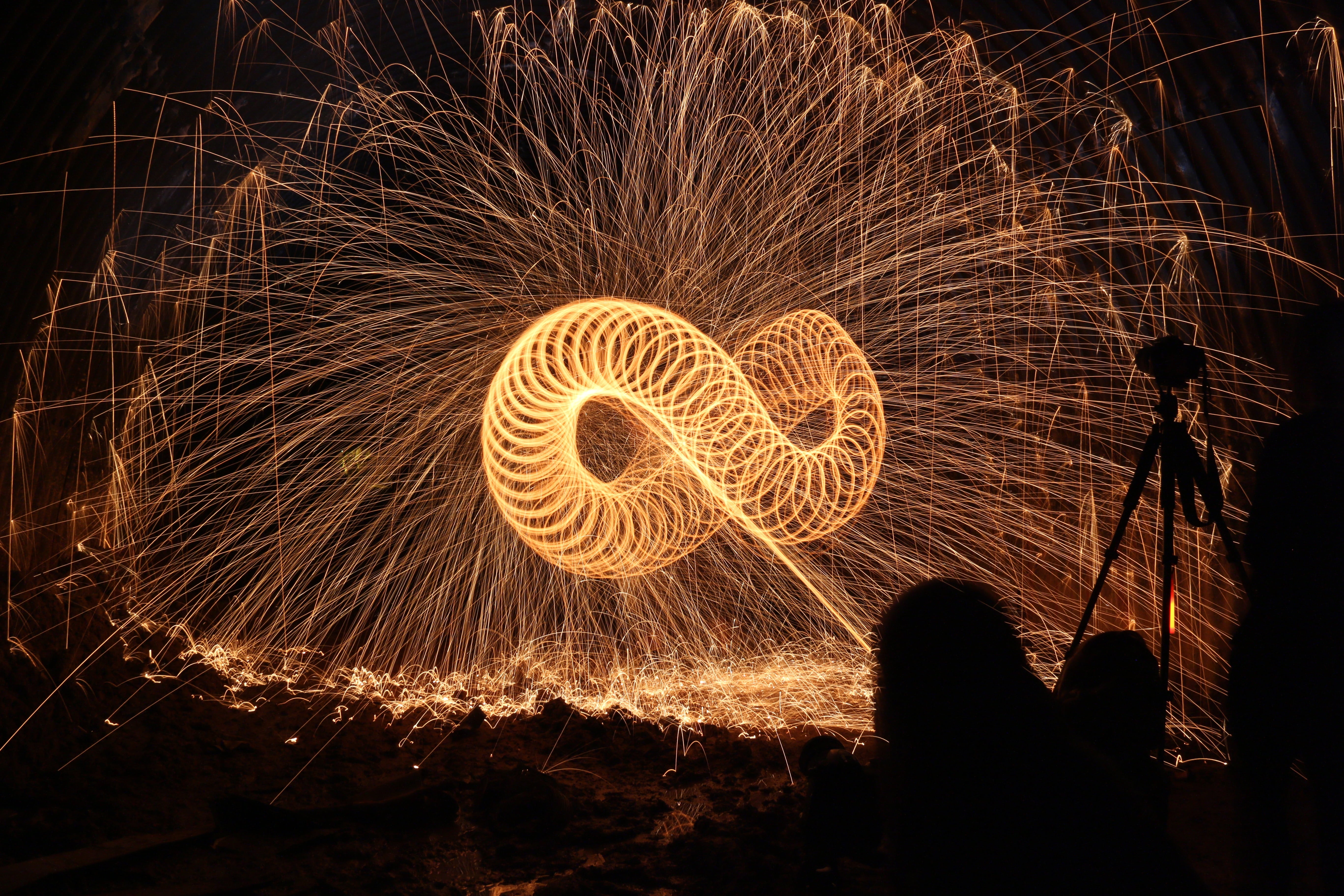 glowing, dark, shape, design, nature, abstract, spiral, steelwool, night, infinity, pattern, geometric shape, creative, sparks, infinite, dance, blurred motion, HD Wallpaper