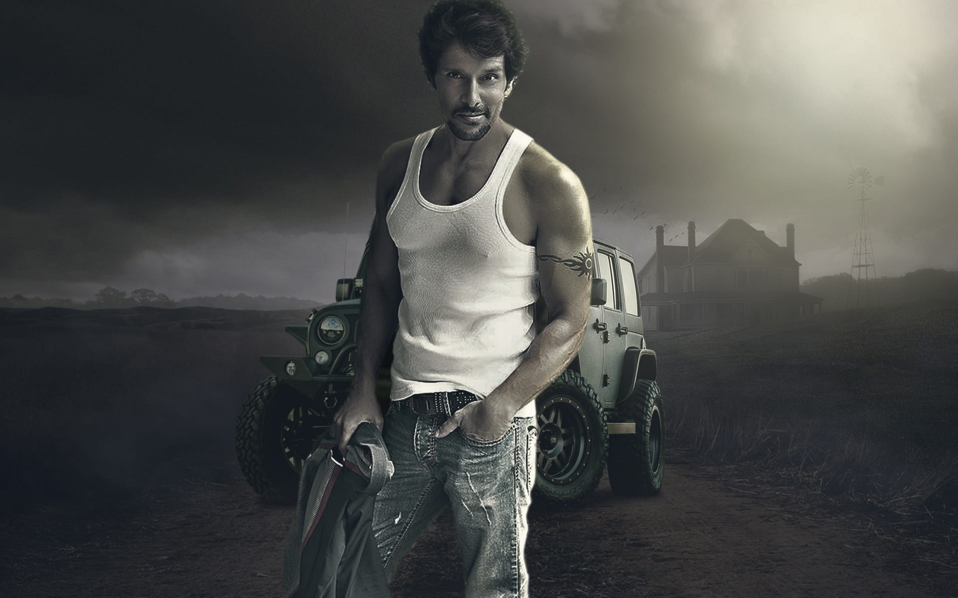 man, sport, one person, storm, mode of transportation, determination, dark, lifestyles, portrait, vikram hero, cloud - sky, tire, men, muscular build, dust, HD Wallpaper