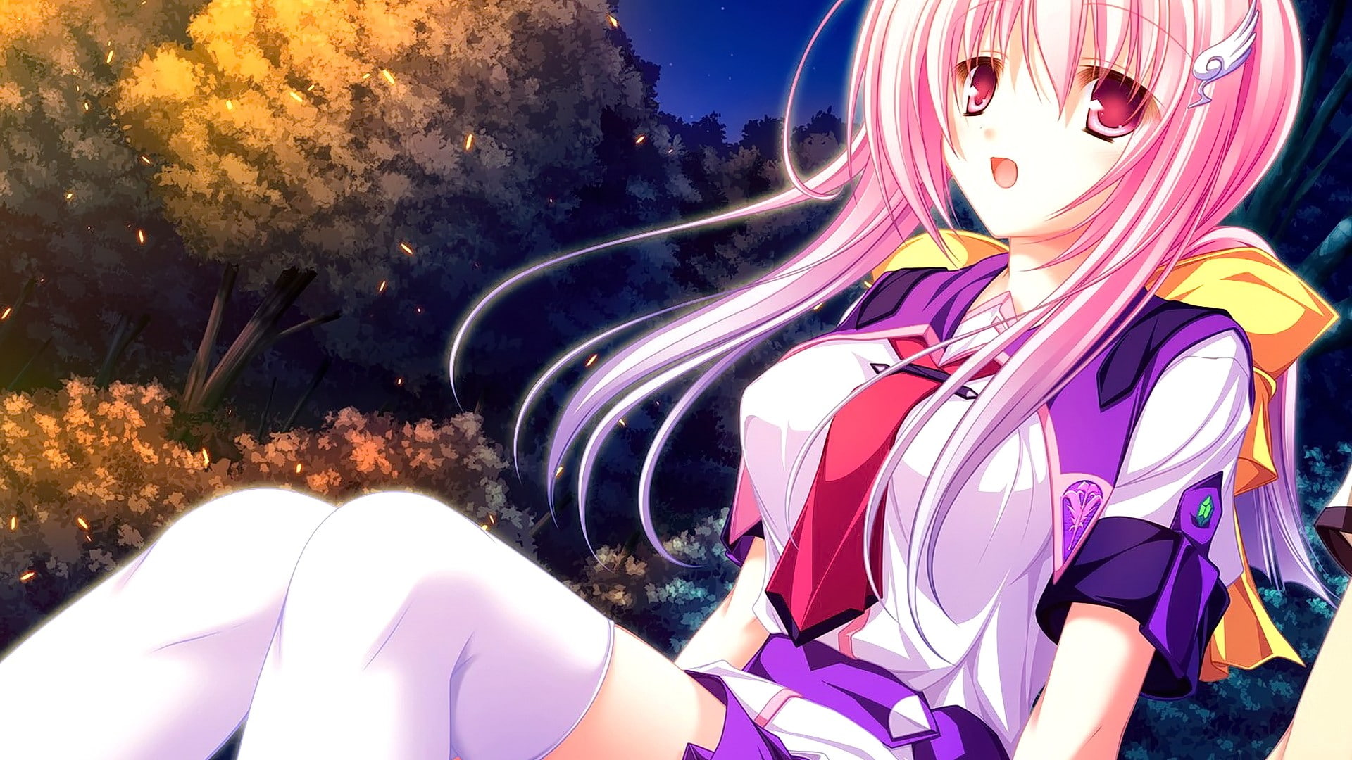 pink hair, nature, outdoors, pink color, 1080P, anime, day, sky, lifestyles, sunlight, leisure activity, open mouth, human representation, anime girls, HD Wallpaper