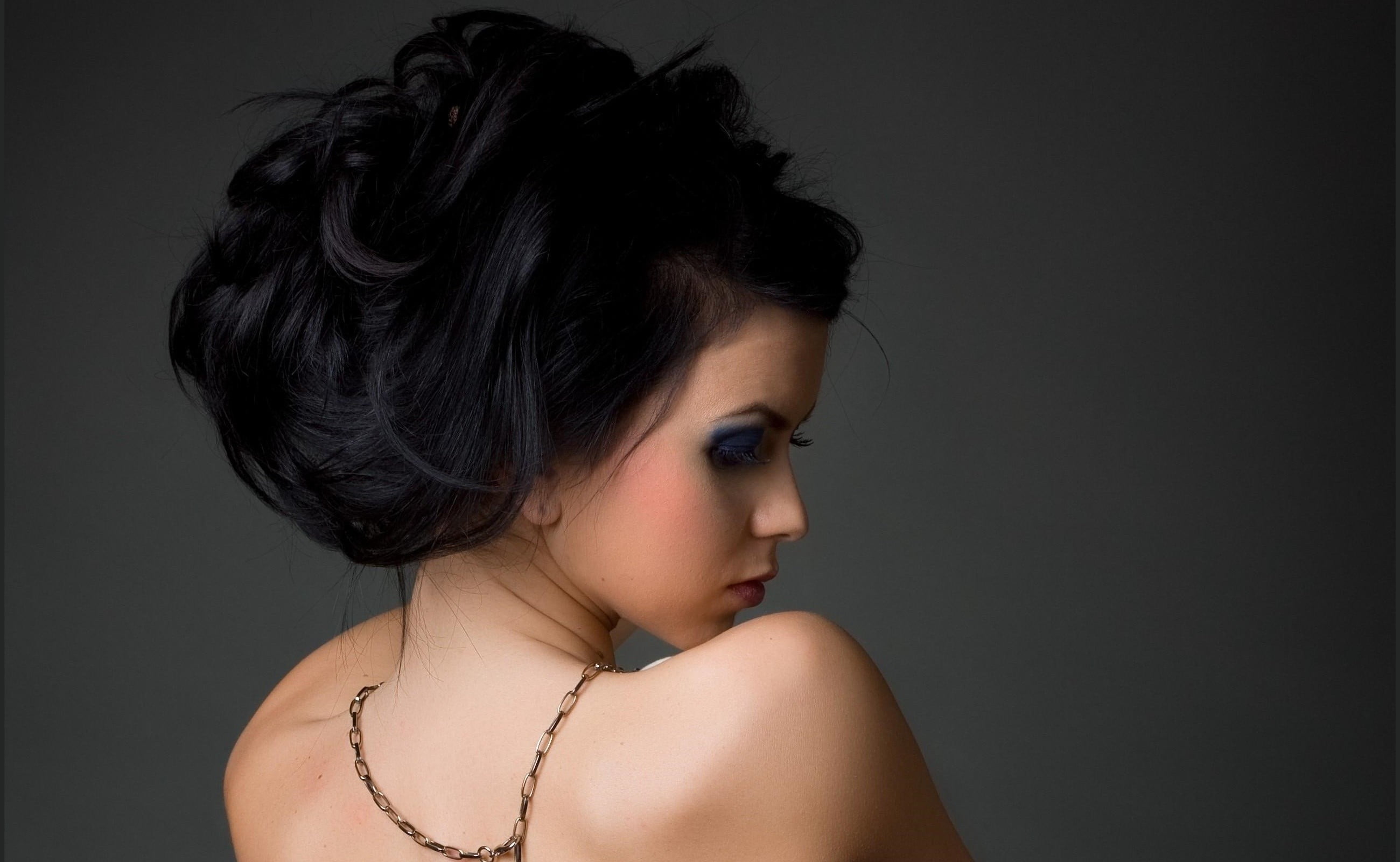 indoors, necklace, rear view, headshot, chains, women, brunette, looking, profile view, face, beauty, one person, Elena Alexandra Apostoleanu, dark hair, HD Wallpaper