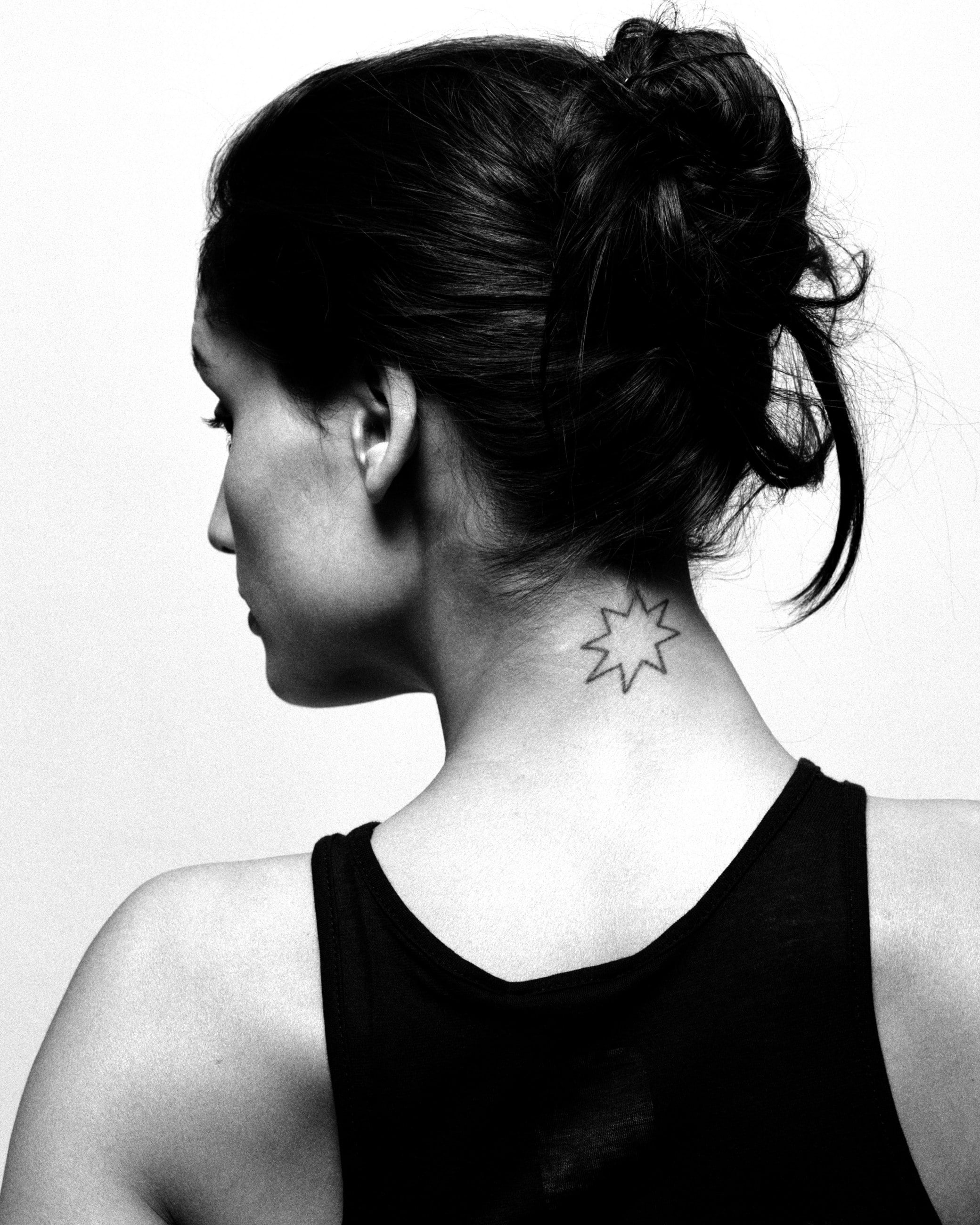 portrait, back, profile view, actress, one person, tattoo, young women, fashion, beauty, hair bun, studio shot, women, rear view, headshot, monochrome, Phone HD Wallpaper