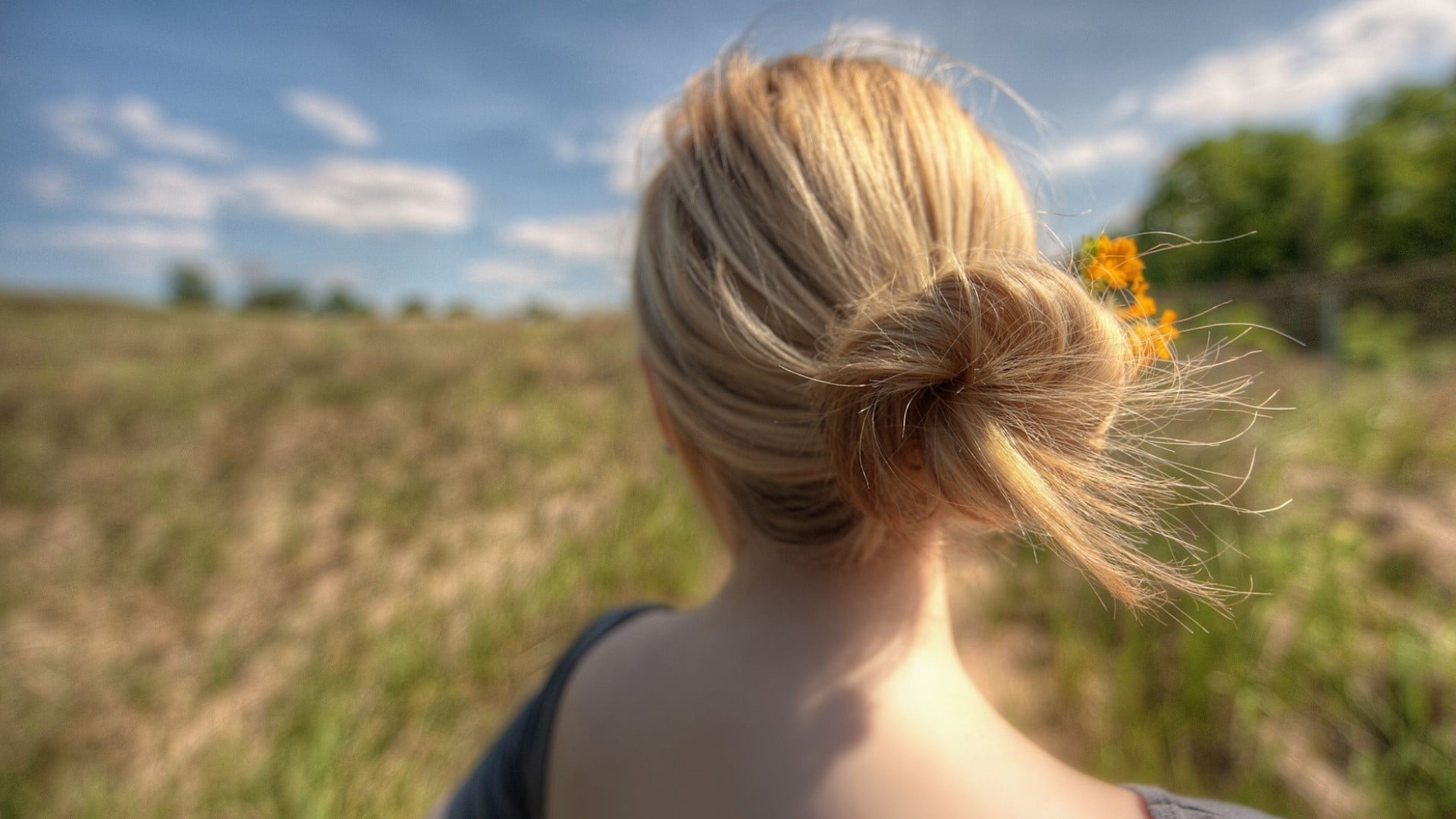 adult, model, leisure activity, women, day, portrait, contemplation, long hair, sky, blond hair, blonde, cloud - sky, human hair, outdoors, hair bun, women outdoors, HD Wallpaper