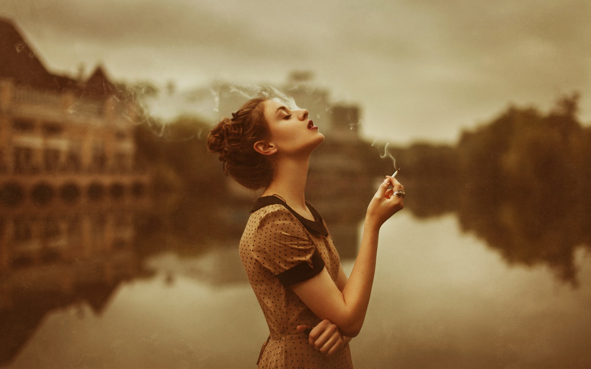 hair, 1080P, women, contemplation, retro styled, beautiful woman, beautiful people, eyes closed, cigarette, fashion, adult, beauty, one person, young adult, HD Wallpaper